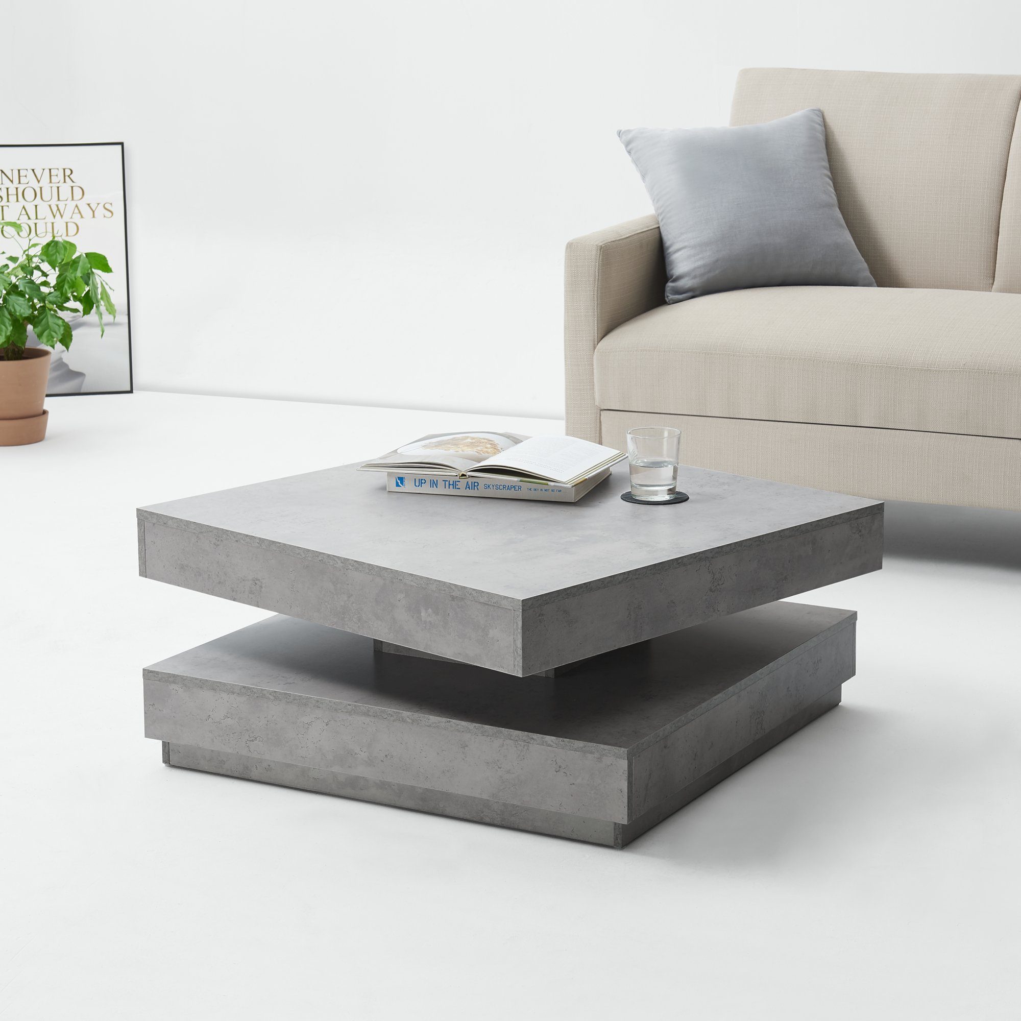 en.casa Couchtisch, »Florenz« Beistelltisch drehbar 76x76x38cm Betonlook in Betonoptik