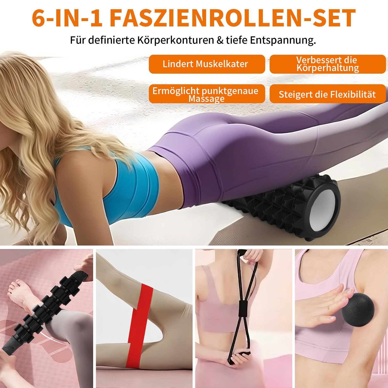 SURFOU Faszienrolle Set 10-in-1 mit Massagestab, Massageball & Bändern, 33cm, Für Muskelregeneration, Wirbelsäule & Fußmassage, inkl. Tasche