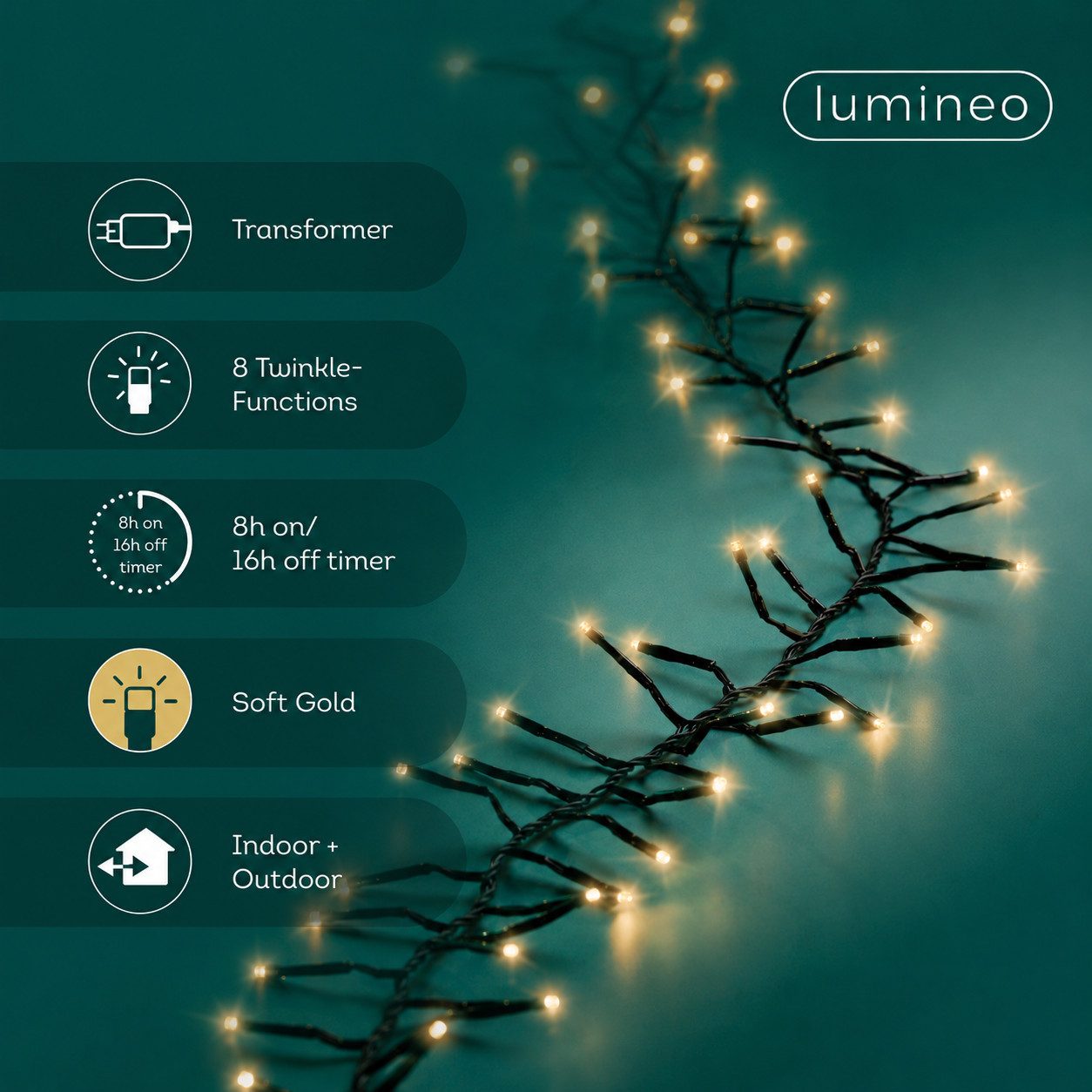 Lumineo LED-Lichterkette Lumineo Lichterkette EXCELLENT TWINKLE 2208 LED 35 m Soft Gold schwarz, Indoor/Outdoor, 8 Effekte, 8h-Timer, + 5 Meter Zuleitung – Bild 2 von 5