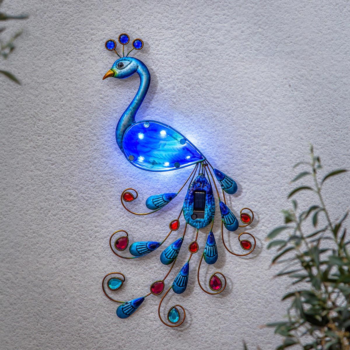 STAR TRADING LED Solarleuchte LED Solar-Wanddeko PFAU Metall & Glas Vogel, kaltweiß