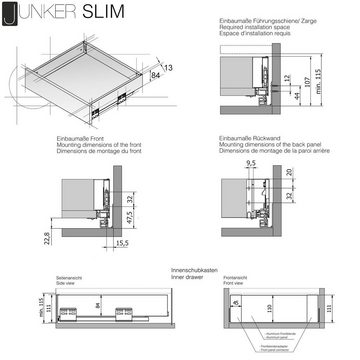 SO-TECH® Schubkasten System JUNKER SLIM H: 84 mm, bis 35 kg Last mit Push to Open, weiß, 13 mm schlanke Schubladenzargen, Nennlänge 300 mm