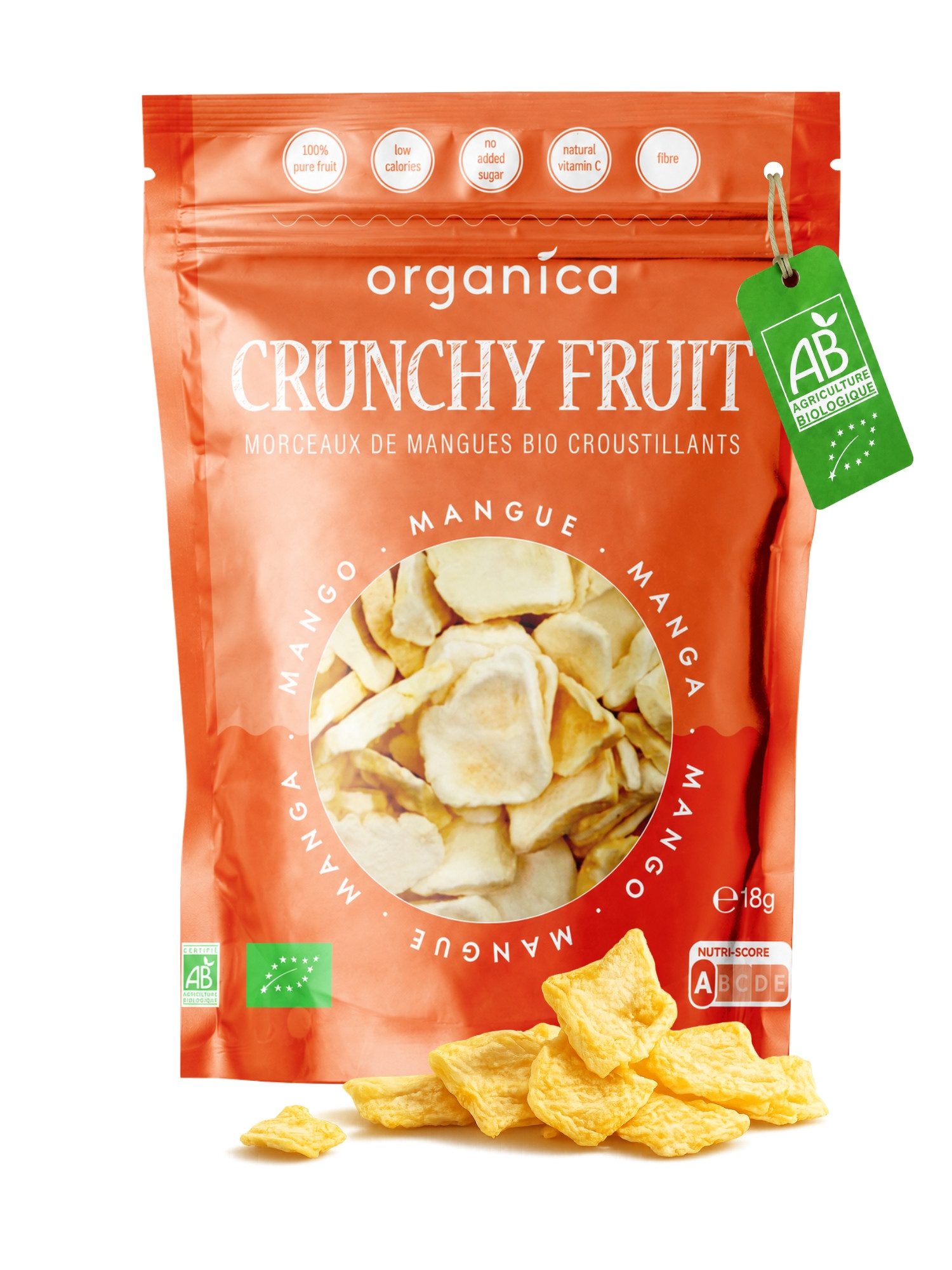 Organica Trockenfrüchte Bio-Mango gefriergetrocknet knuspriger Fruchtsnack, 1 x (Single Pack(18g), Bio-zertifiziert, 100 % Frucht, Ohne Zuckerzusatz, Nutri-Score A