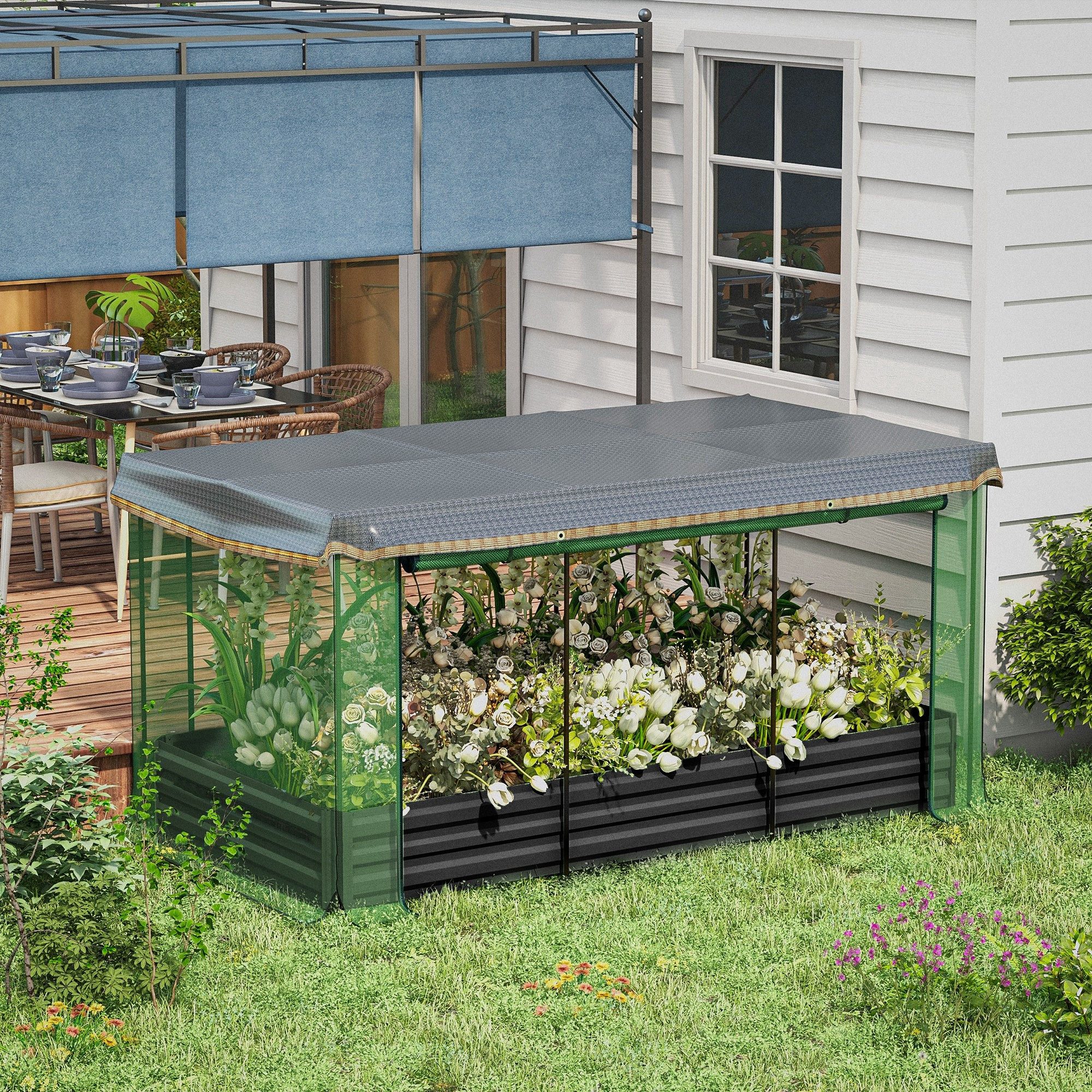 Outsunny Hochbeet Stahl Pflanzkasten mit Vogelschutznetz, Sonnenschutz (Gartenbeet, 1 St., Käuterbeet), für Balkon, Terrasse, Dunkelgrau, 230 x 110 x 110 cm