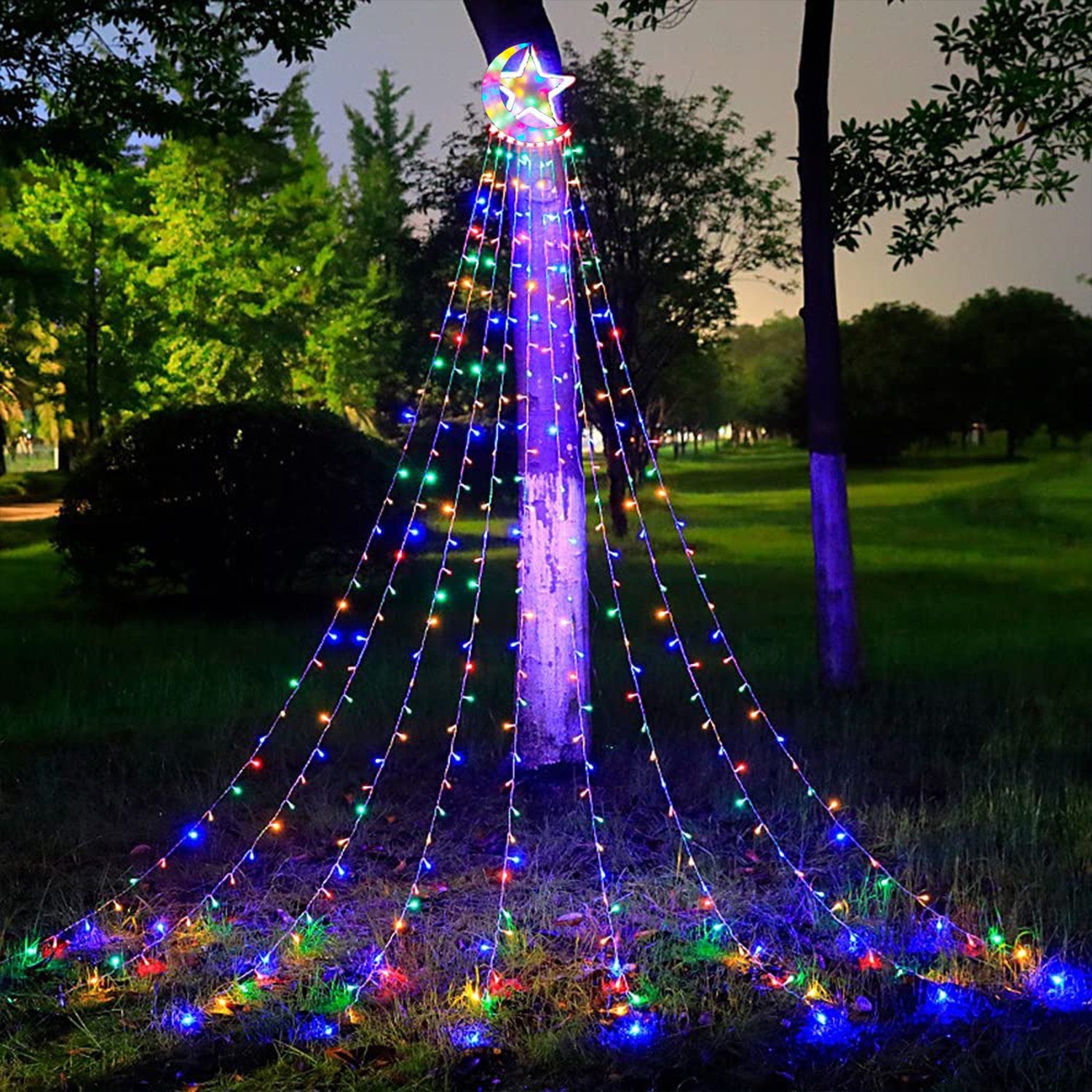 Rosnek LED-Baummantel 3.47M, Baum mit Dach Multicolor Ramadan; Timer, Weihnachten, 9 Innenhof wasserdicht, Stränge, für Deko; Modi, 8 Speicherfunktion; Mondstern; 350-flammig, Topper
