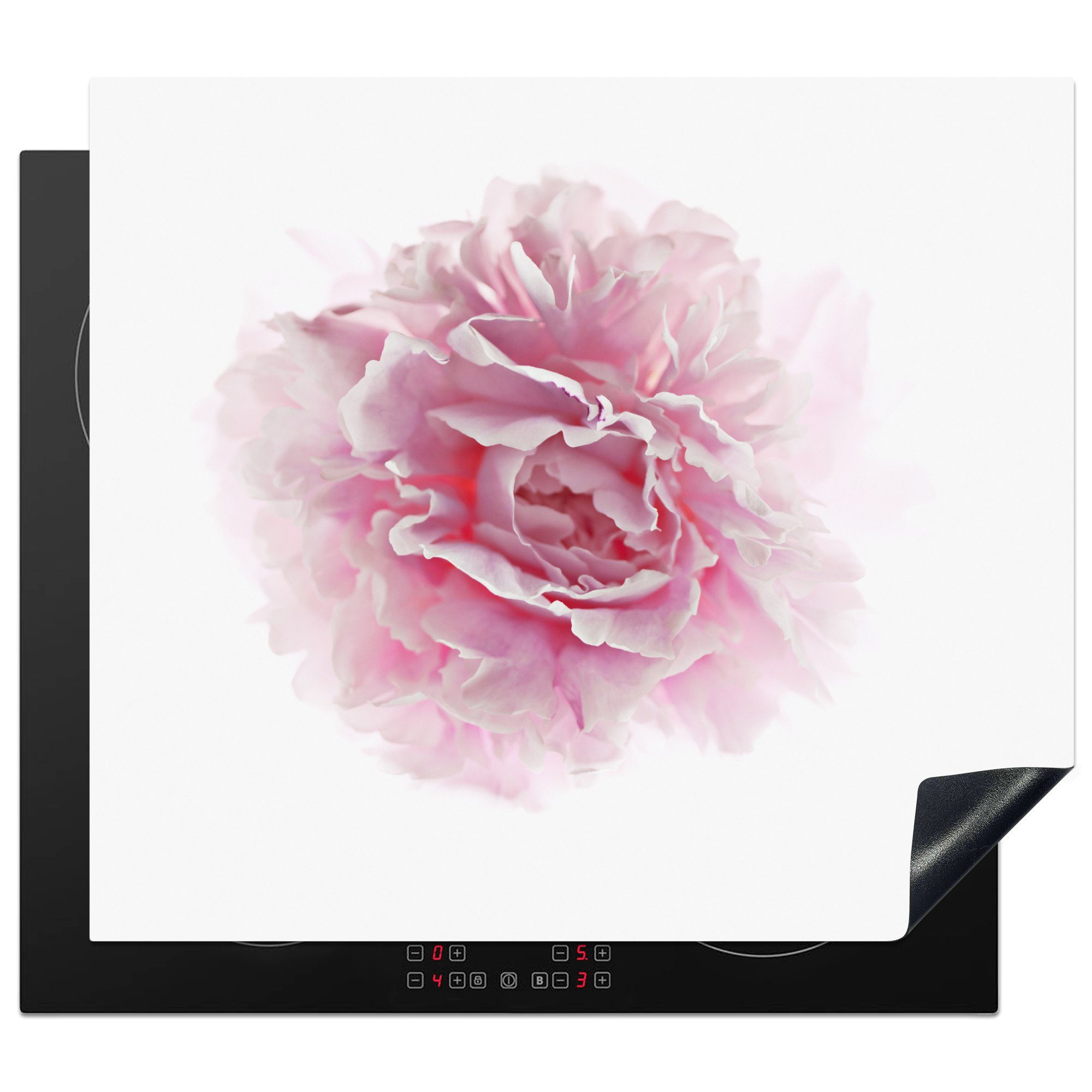 MuchoWow Herdblende-/Abdeckplatte Draufsicht auf eine rosa Pfingstrose mit weißem Hintergrund, Vinyl, (1 tlg), 59x52 cm, Ceranfeldabdeckung für die küche, Induktionsmatte