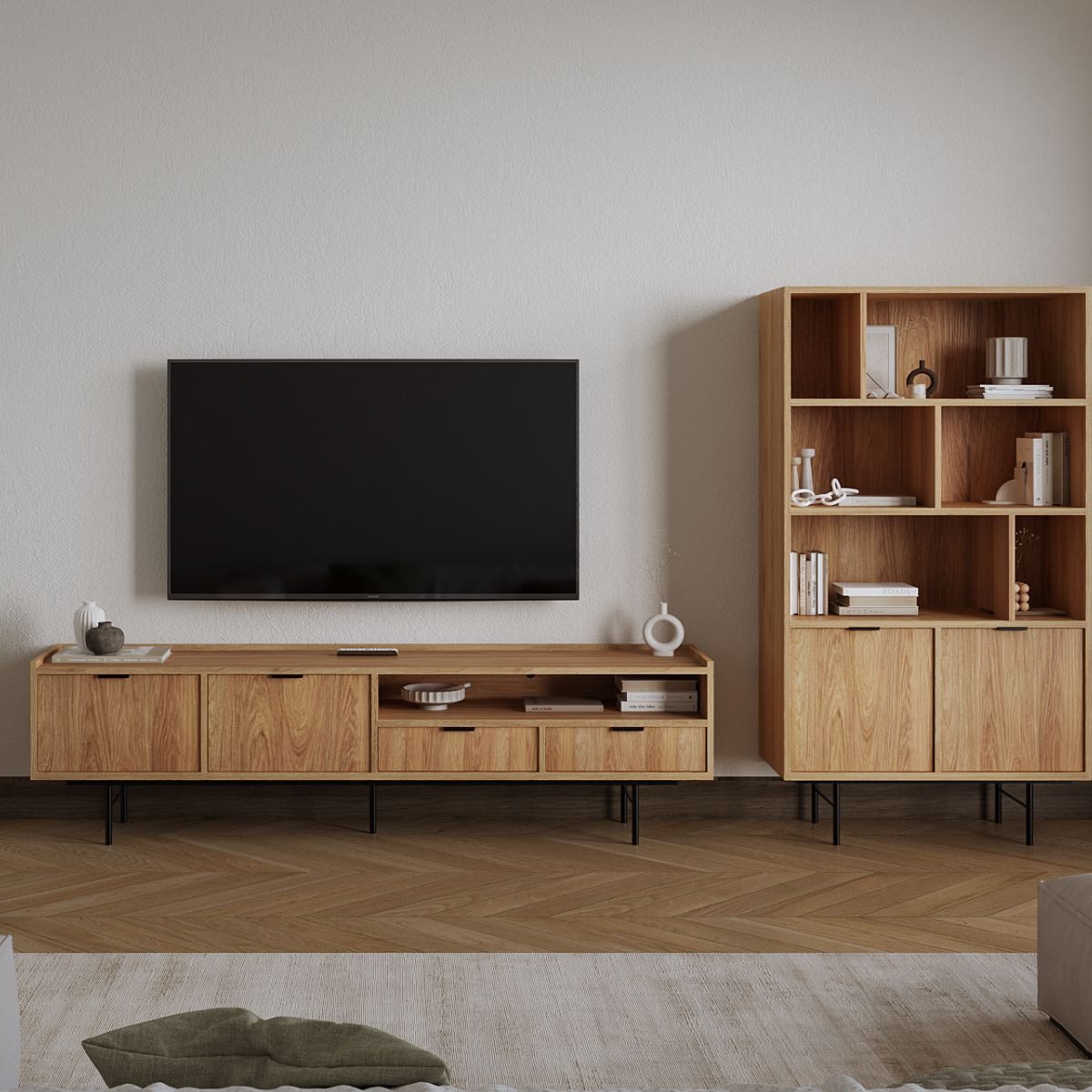 Compleo Bücherregal japandi mit zwei Türen, Schwarz Metallfüße COLGO
