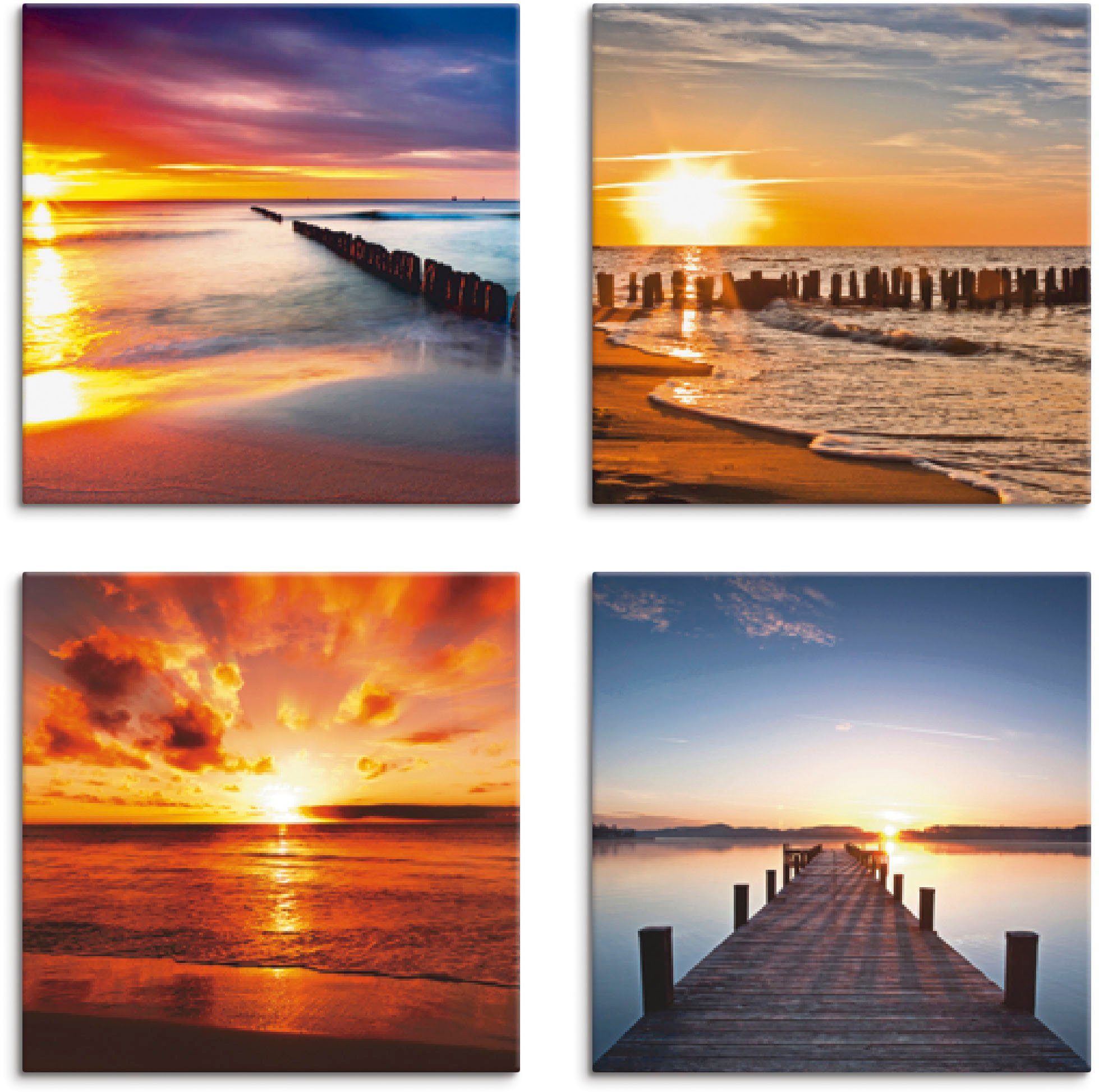 Artland Leinwandbild (4 4er Set, Größen Strand Ostsee Sonne Sonnenuntergang, Strand verschiedene St)