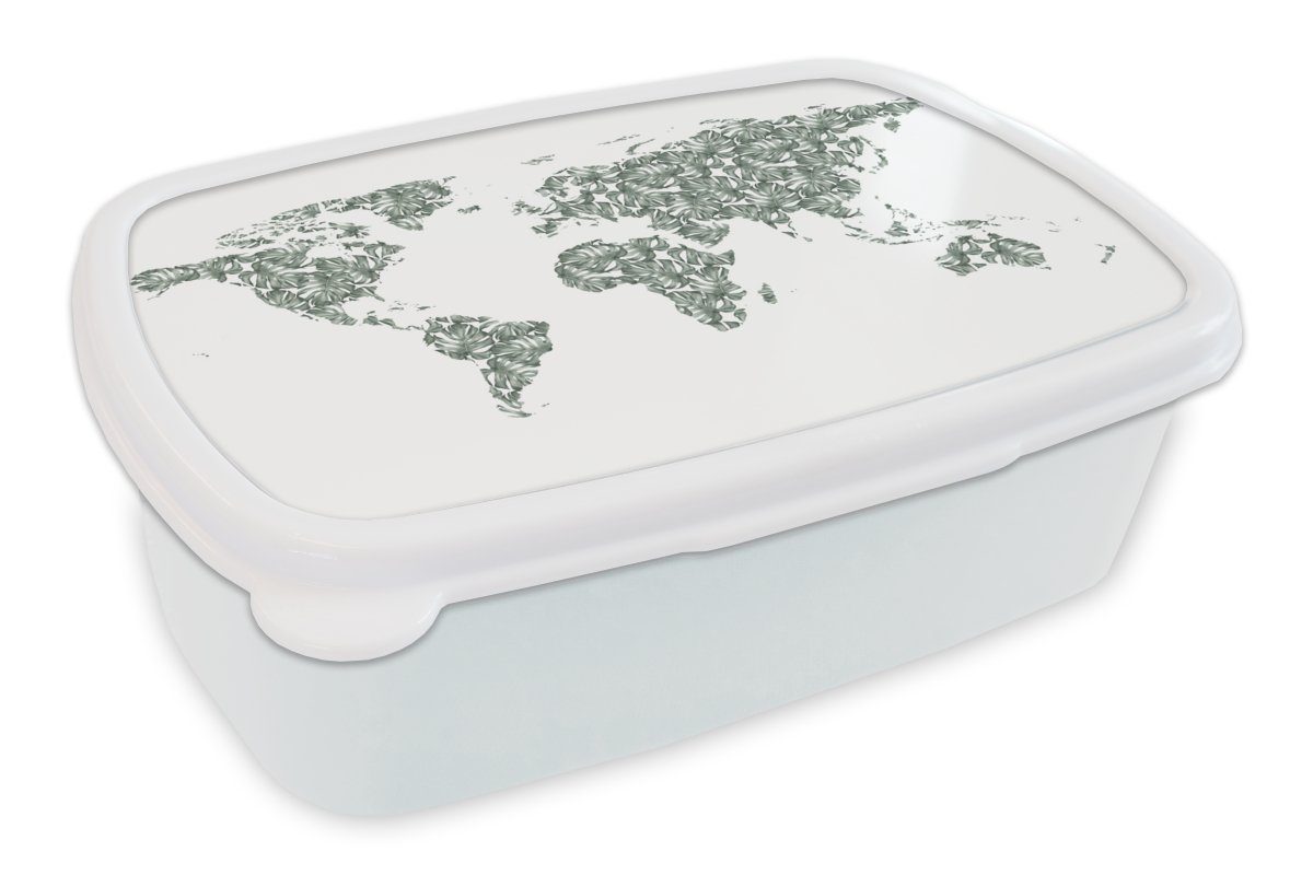 MuchoWow Lunchbox Weltkarte - Tropische Pflanzen - Weiß, Kunststoff, (2-tlg), Brotbox für Kinder und Erwachsene, Brotdose, für Jungs und Mädchen | Lunchboxen