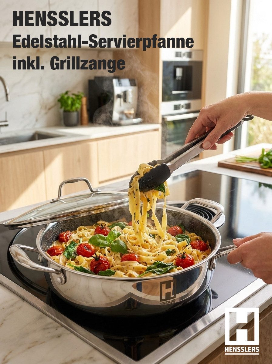 HENSSLERS Servierpfanne Premium, Pfanne 32 cm, inklusive Grillzange, Edelstahl (Set, 3-tlg)