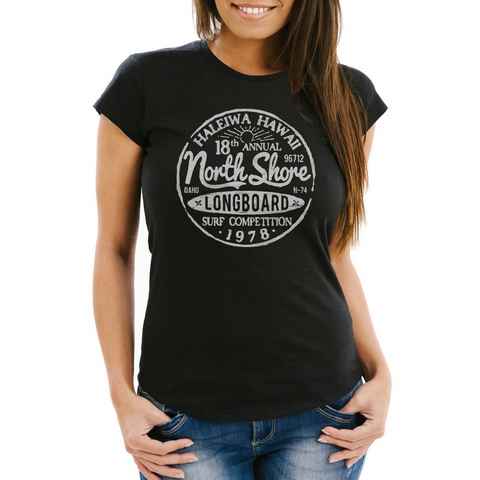 Neverless Print-Shirt Damen T-Shirt North Shore Longboard Retro Surf Motiv Wellenreiten Slim Fit Neverless® mit Print