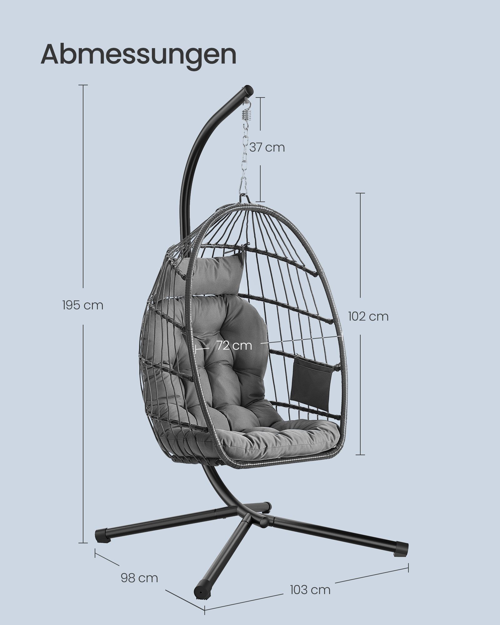 SONGMICS Hängesessel mit Kissen Ei-Design Balkon & Garten inkl. Zubehörpaket & Anleitung, Schaukelstuhl mit Gestell, klappbarer Korbsessel höhenverstellbar