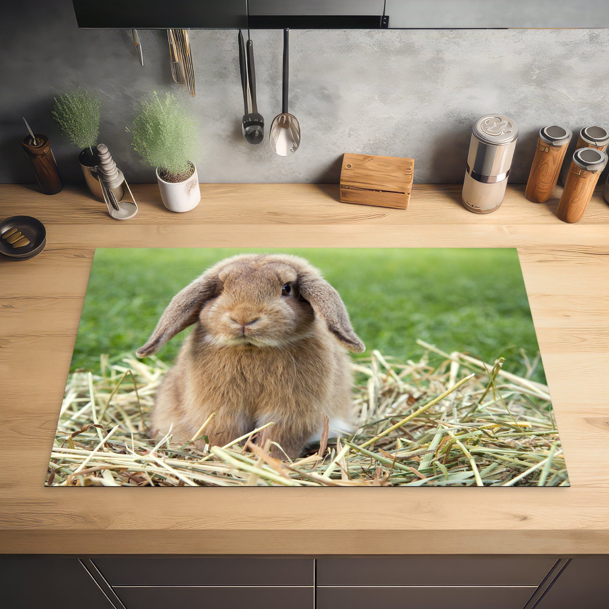 für (1 81x52 Kaninchen Induktionskochfeld Ceranfeldabdeckung MuchoWow Vinyl, Herdblende-/Abdeckplatte Landschaft, grüner küche, die in cm, Schutz tlg),