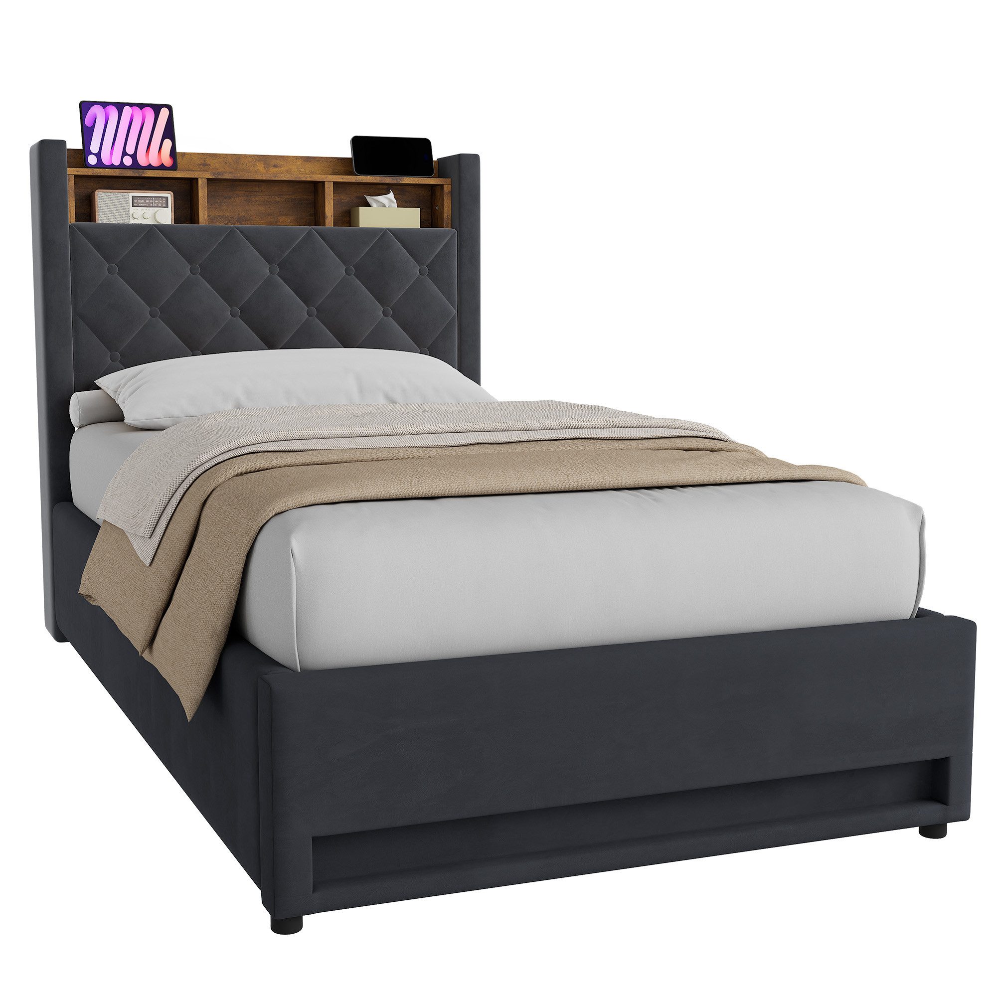 HAUSS SPOLE Polsterbett Jugendbett mit Stauraum,als Einzelbett-oder Doppelbett erhältlich (Einzelbett mit Lattenrost Ohne Matratze), 90x200 Jugendbett
