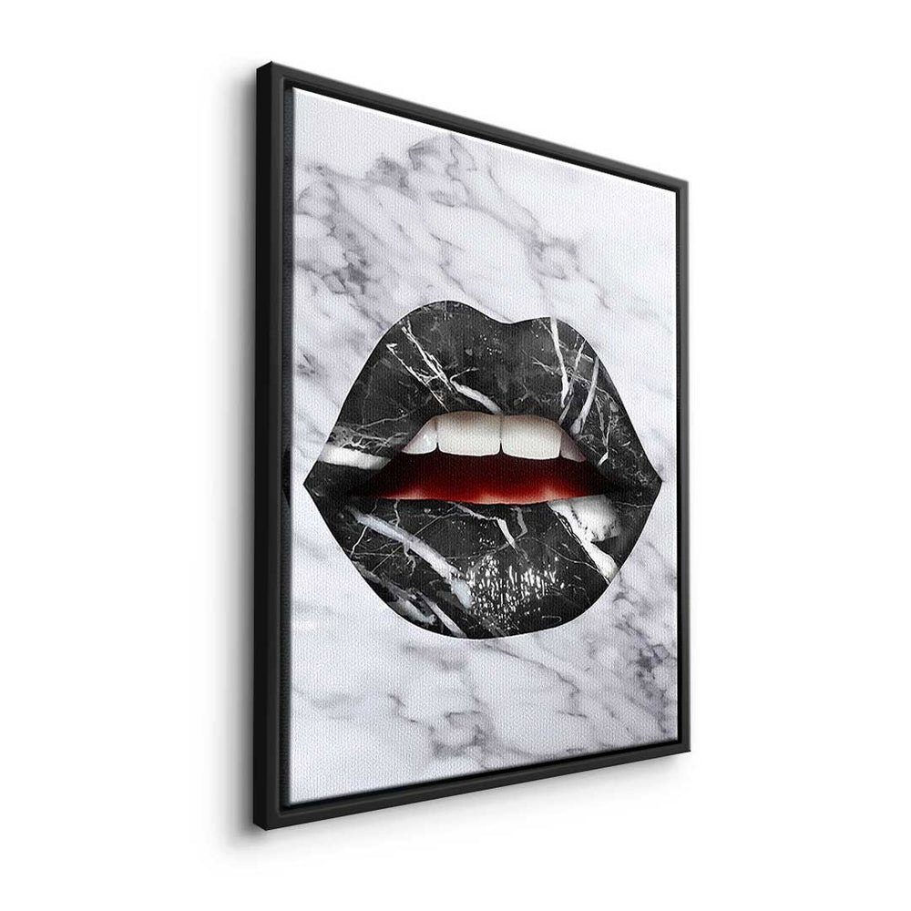 - X silberner - modernes Art Lippen Marmor Pop Wandbild - Leinwandbild, DOTCOMCANVAS® Leinwandbild Premium Rahmen