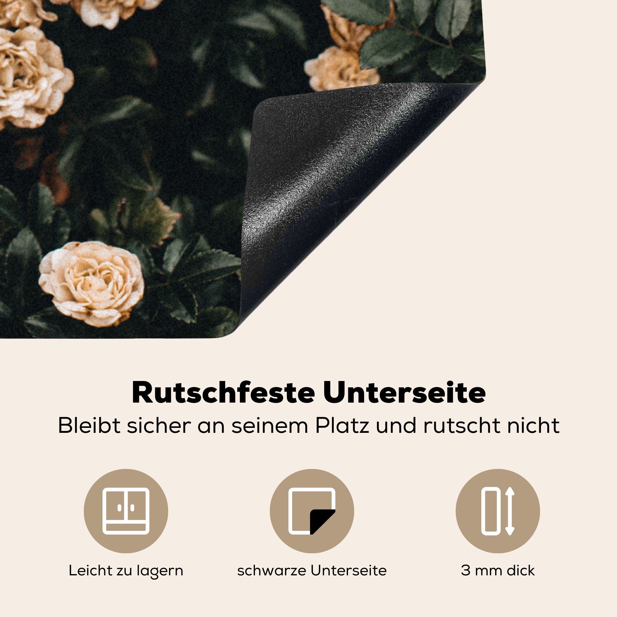 Herdblende-/Abdeckplatte Rosen - Arbeitsplatte Ceranfeldabdeckung, Weiß, Vinyl, Strauch küche Braun - - 78x78 cm, (1 MuchoWow tlg), für