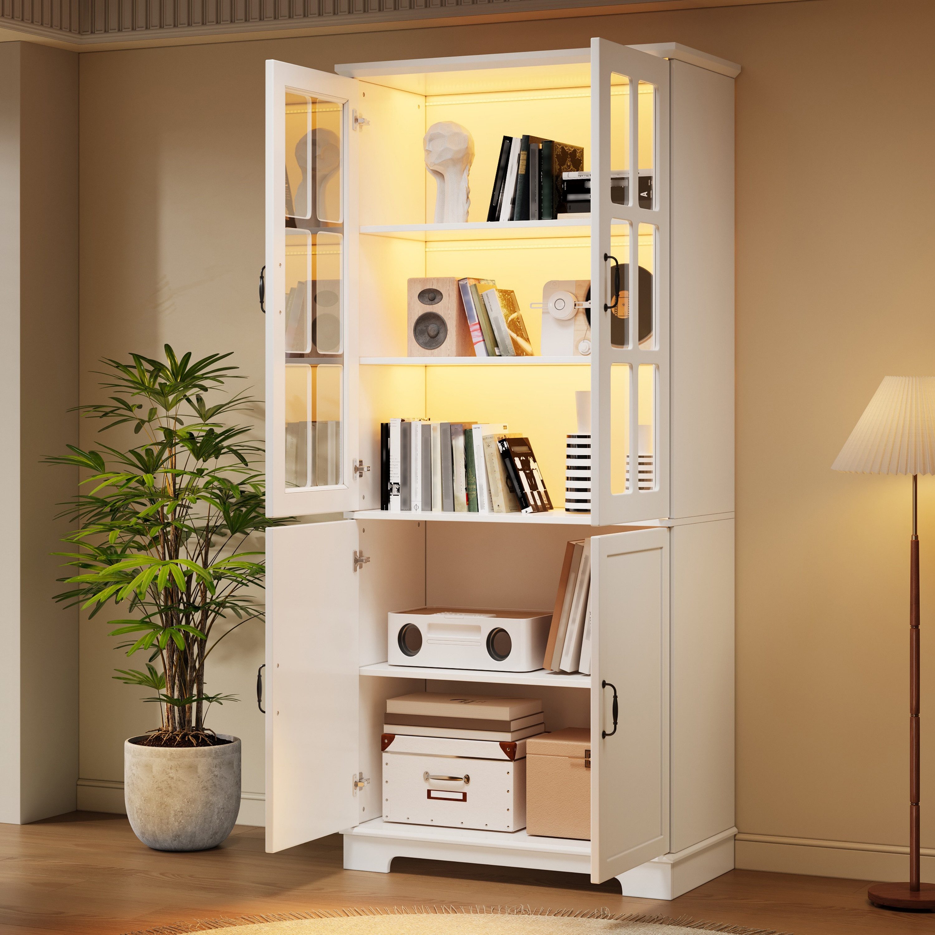 REDOM Vitrine Weißer Vitrinenschrank 80x38x180 cm mit Glastüren (Packung, 1-St., 5 Ablagen, Kombi aus offenen & geschlossenen Fächern) mit LED, Vielseitiger Hochschrank als Bücherregal & Stauraum