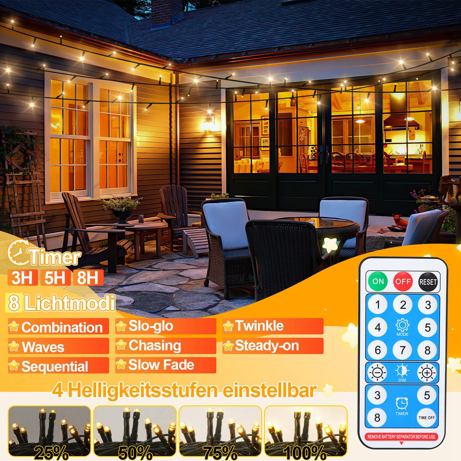 Clanmacy LED-Lichterkette 30M 300 LED Solar Lichterkette Solarleuchte Außen Garten Warmweiß, Wasserdicht