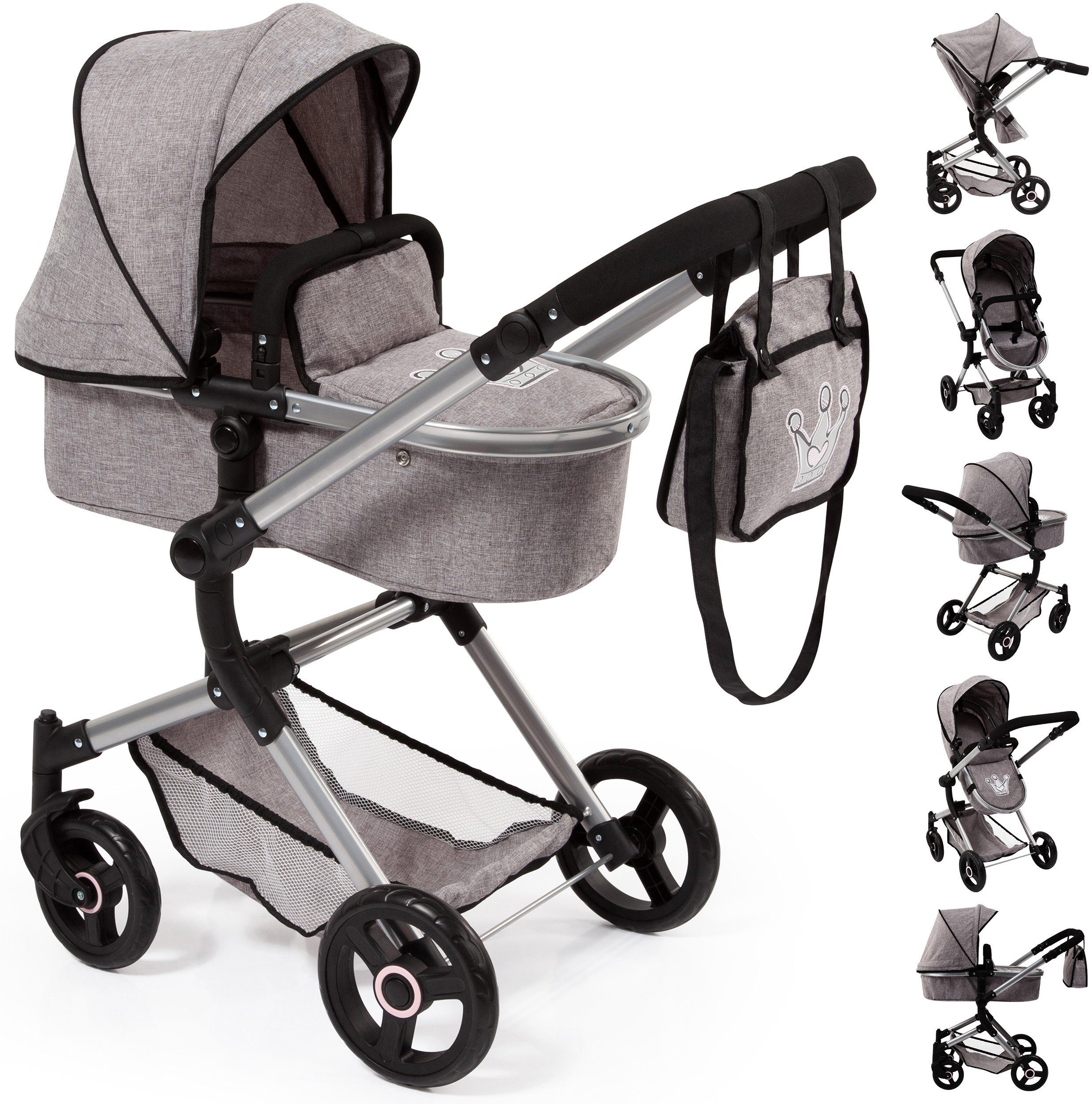 Bayer Kombi-Puppenwagen Vario, Grau, inkl. Wickeltasche