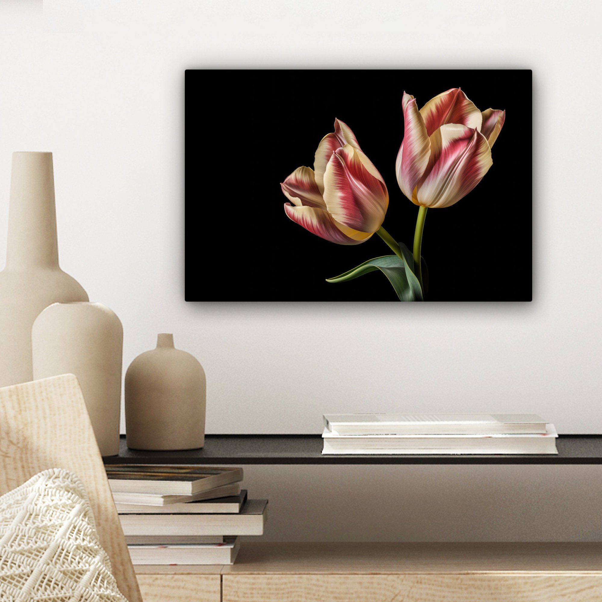 OneMillionCanvasses® Leinwandbild Wanddeko, Rosa - Tulpen 30x20 Aufhängefertig, Wandbild St), - Blumen Weiß cm Leinwandbilder, - - (1 Natur