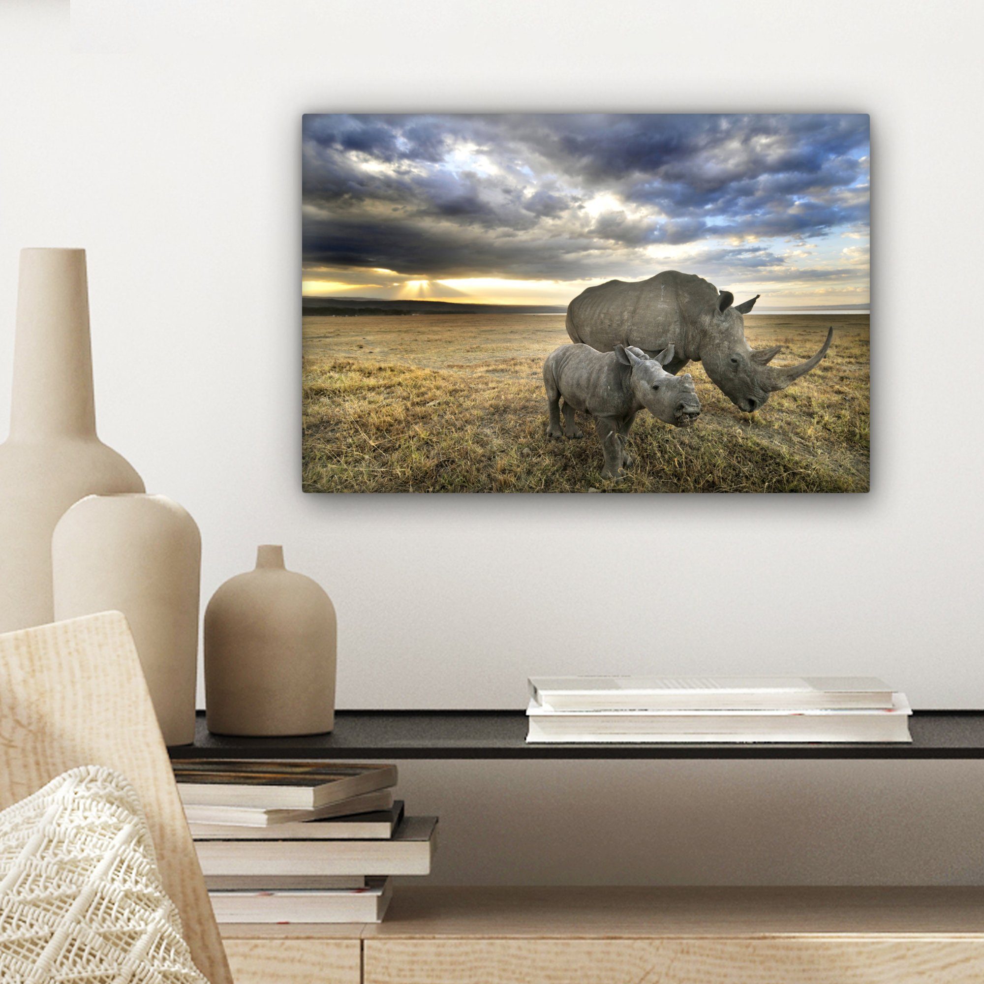 Safari, - Leinwandbild Leinwandbilder, Rhinozeros Wanddeko, 30x20 Aufhängefertig, (1 - Wandbild OneMillionCanvasses® St), Kalb cm