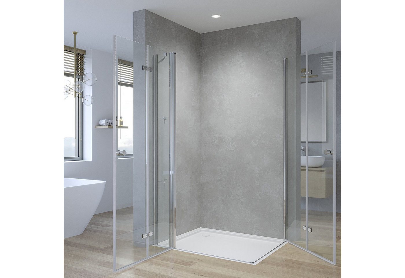 Thumbnail - AQUALAVOS Eckdusche Duschkabine Eckeinstieg Drehfalttür Bad Eckdusche Glas 180º Pendeltür, BxT: 90x70 cm, 5 mm Einscheib...
