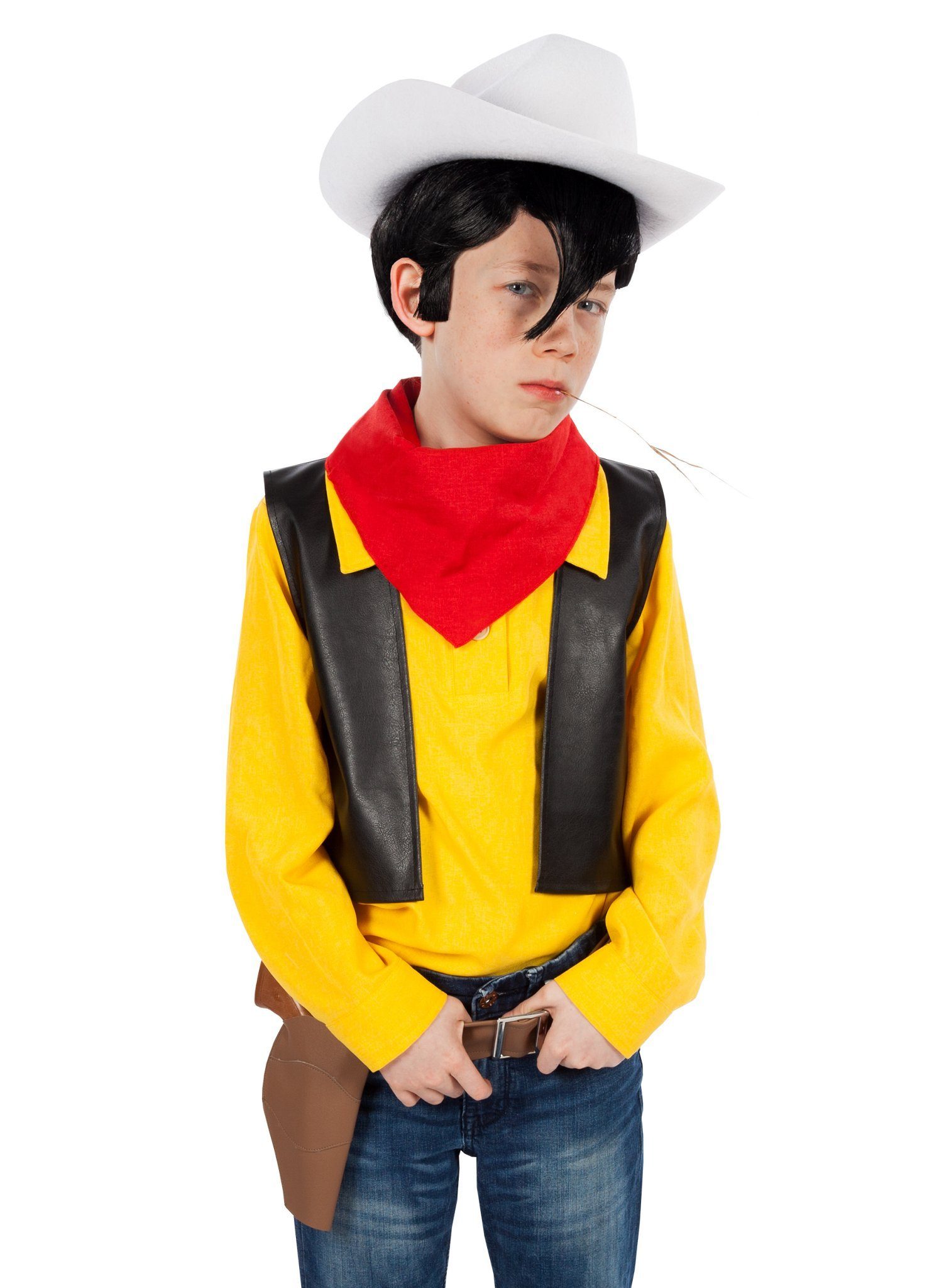 Maskworld Cowboy-Kostüm Lucky Luke Kinderkostüm mit Hut - Cowboy Fasching, Kostüm und Hut des berühmtesten Comichelden des Wilden Westens