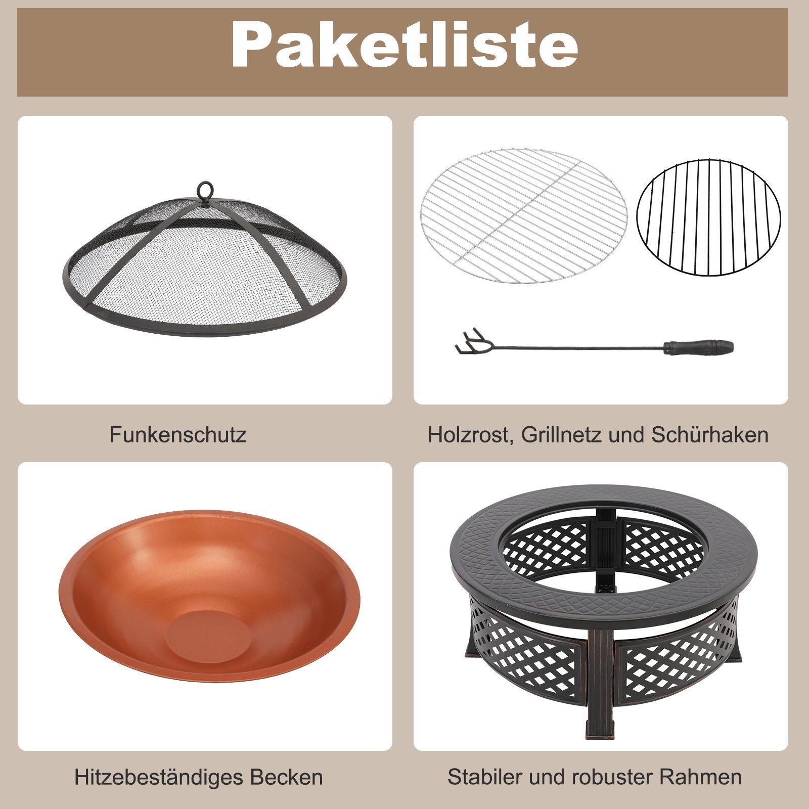 TLGREEN Feuerschale, (80,5cm Multifunktionale Feuerschale mit Funkenschutz & Grillrost, Innen- & Außengebrauch), Heizen & Grillen in Einem