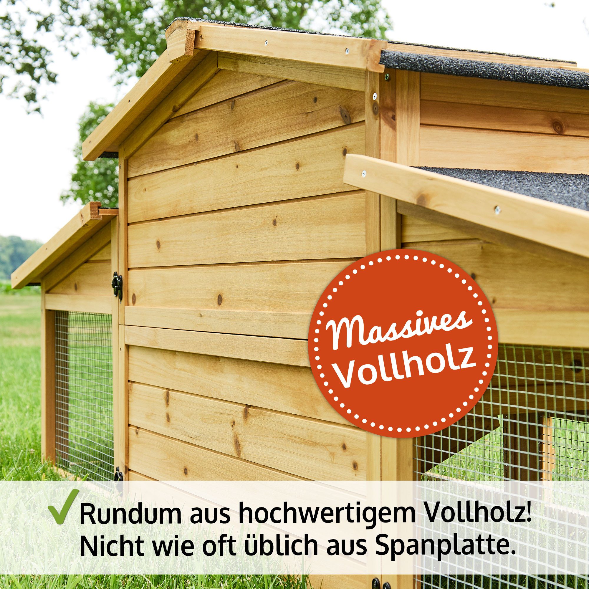 Zooprinz Kleintierstall Dorf Alm mit Doppelauslauf 180x72x62cm (BxHxT), Klappbares Bitumendach, Kiefernholz
