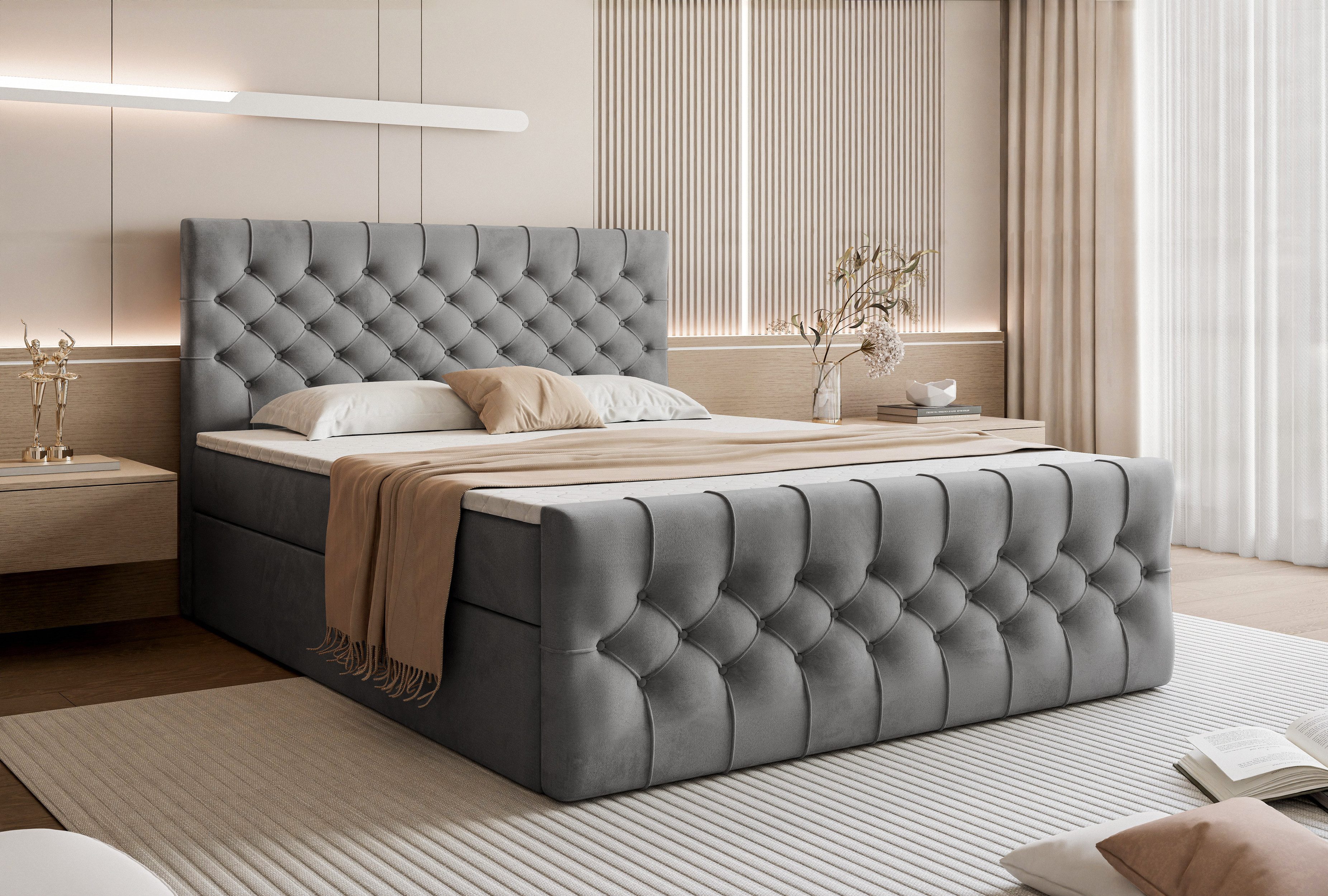 Goldstoff Boxspringbett TAURIEL mit Federkernmatratze & Topper, zwei Bettkästen (von 120 bis 200x200 cm), modernes Doppelbett aus Velvet Stoff mit edlem Kopfteil