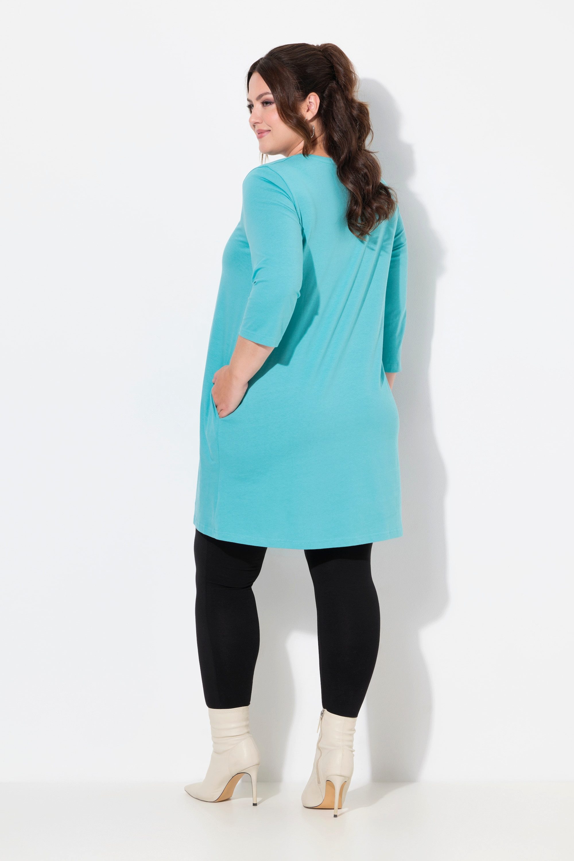 Ulla Popken Longshirt Longshirt Zierbänder A-Linie V-Ausschnitt 3/4-Arm