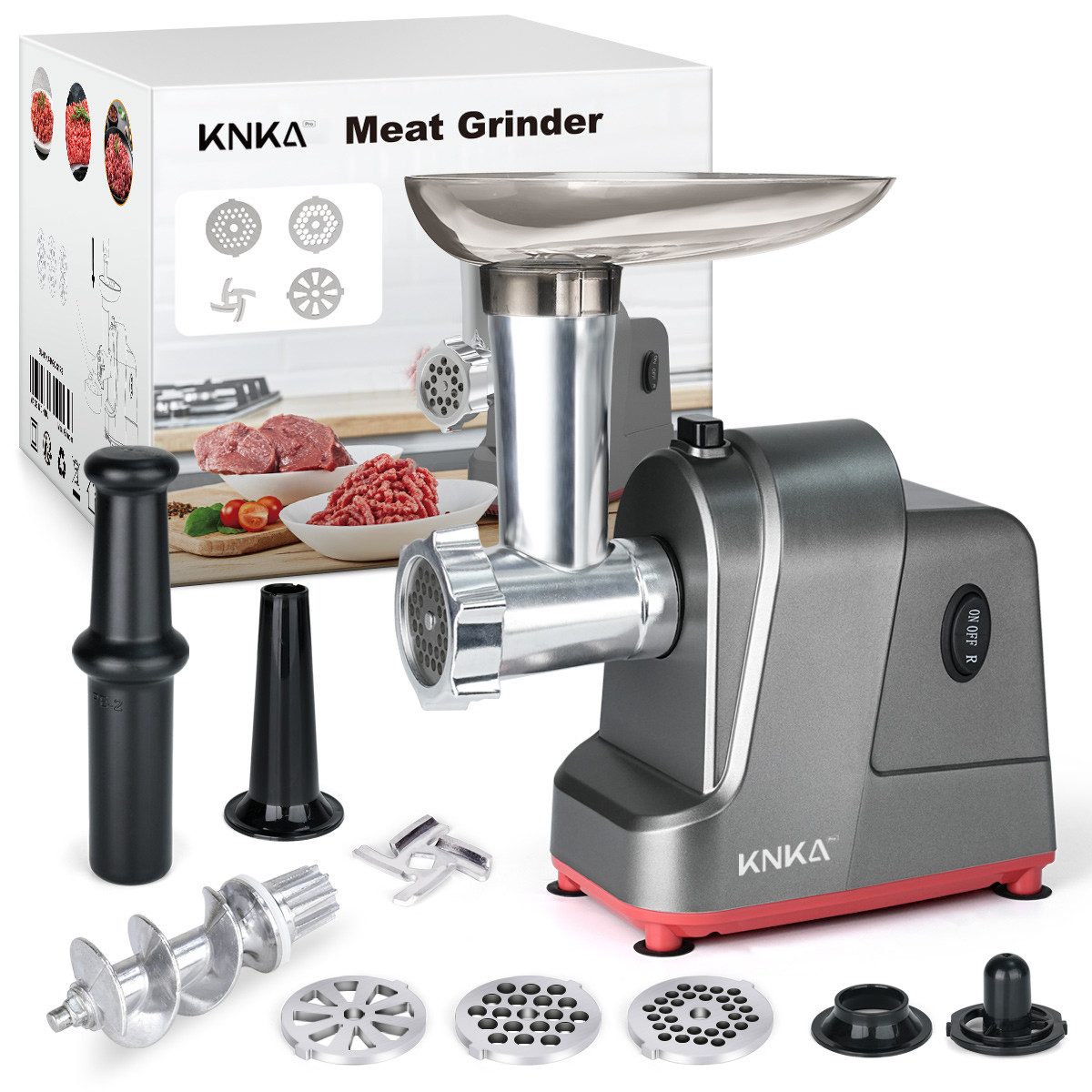 KNKA PRO Fleischwolf Elektrischer Fleischwolf mit Wurstfüller, 3 Lochscheiben (4, 6, 15mm), Vor-und Rücklauf, 2 Leistungsstufen, für Fleisch, Kebbe, Gemüse, Salat