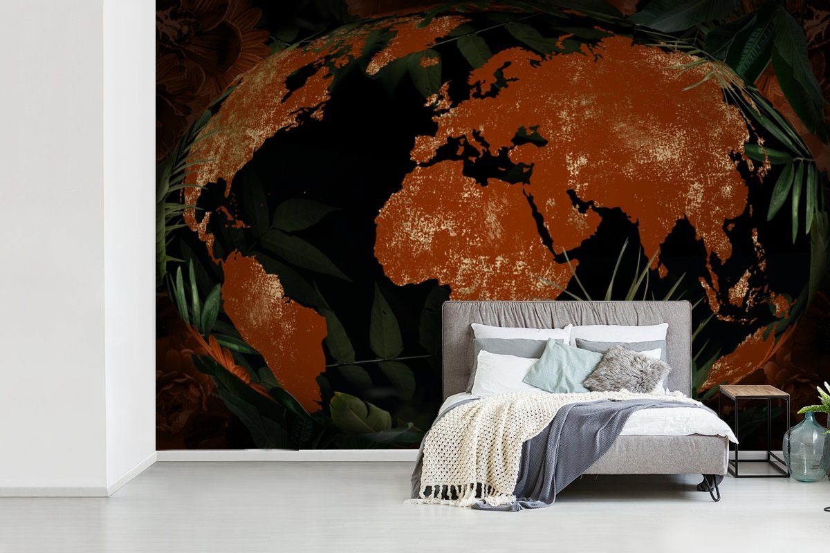 Schlafzimmer, Globus, bedruckt, Fototapete Vinyl Pflanzen - Wohnzimmer, für Kinderzimmer, - Weltkarte St), Wallpaper Tapete MuchoWow (6 Matt,