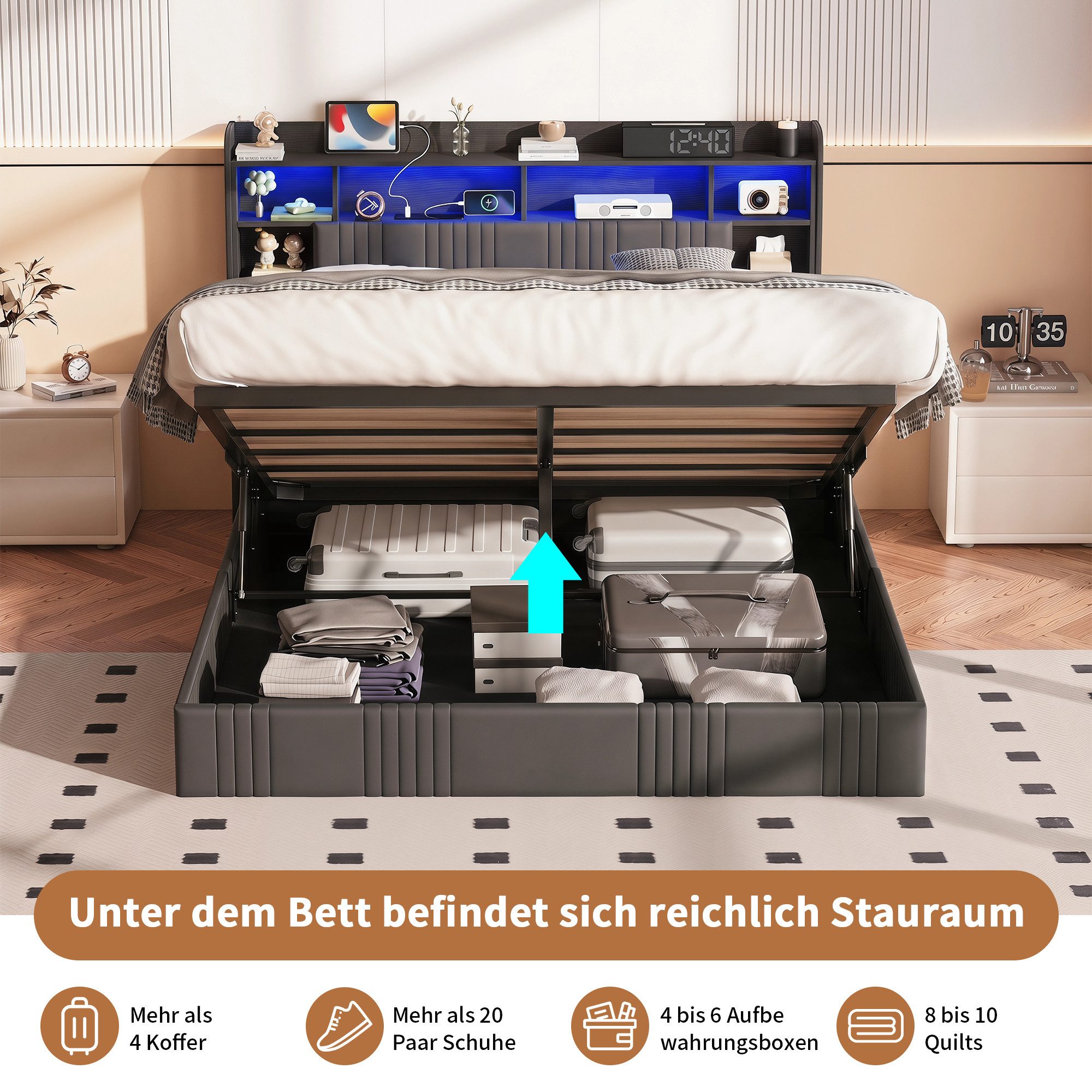 Yelenaro Polsterbett 140x200 Doppelbett LED Hydraulisch anhebbarer Stauraumbett, Modernes Jugendbett 140x200cm mit USB&Type-C,Grau – Bild 2 von 5