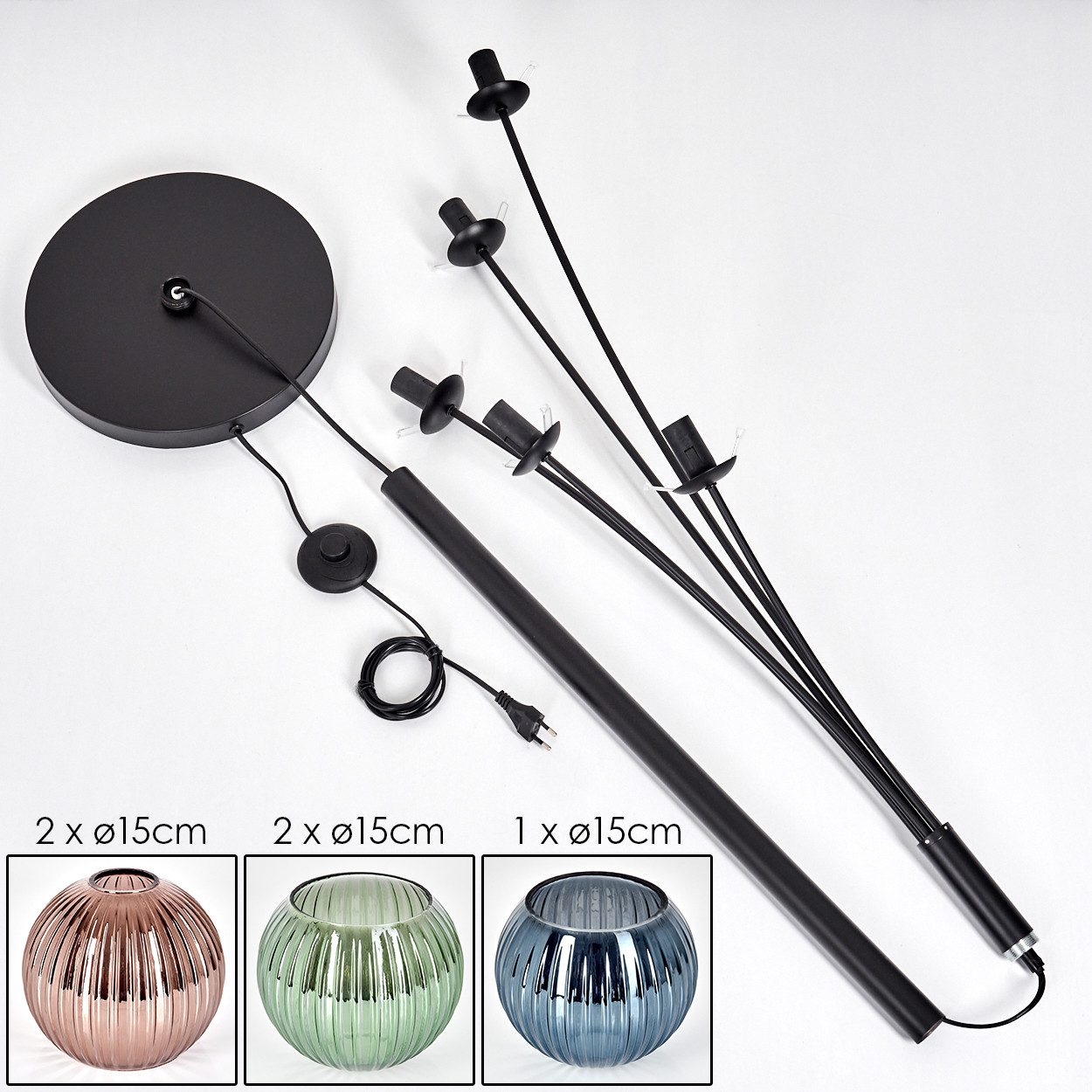 hofstein Stehlampe Stehlampe aus Metall/Riffelglas in Schwarz/Grün/Kupfer/Blau, ohne Leuchtmittel, Stehleuchte im Retro/Vintage-Design mit Glasschirmen (15 cm), E27