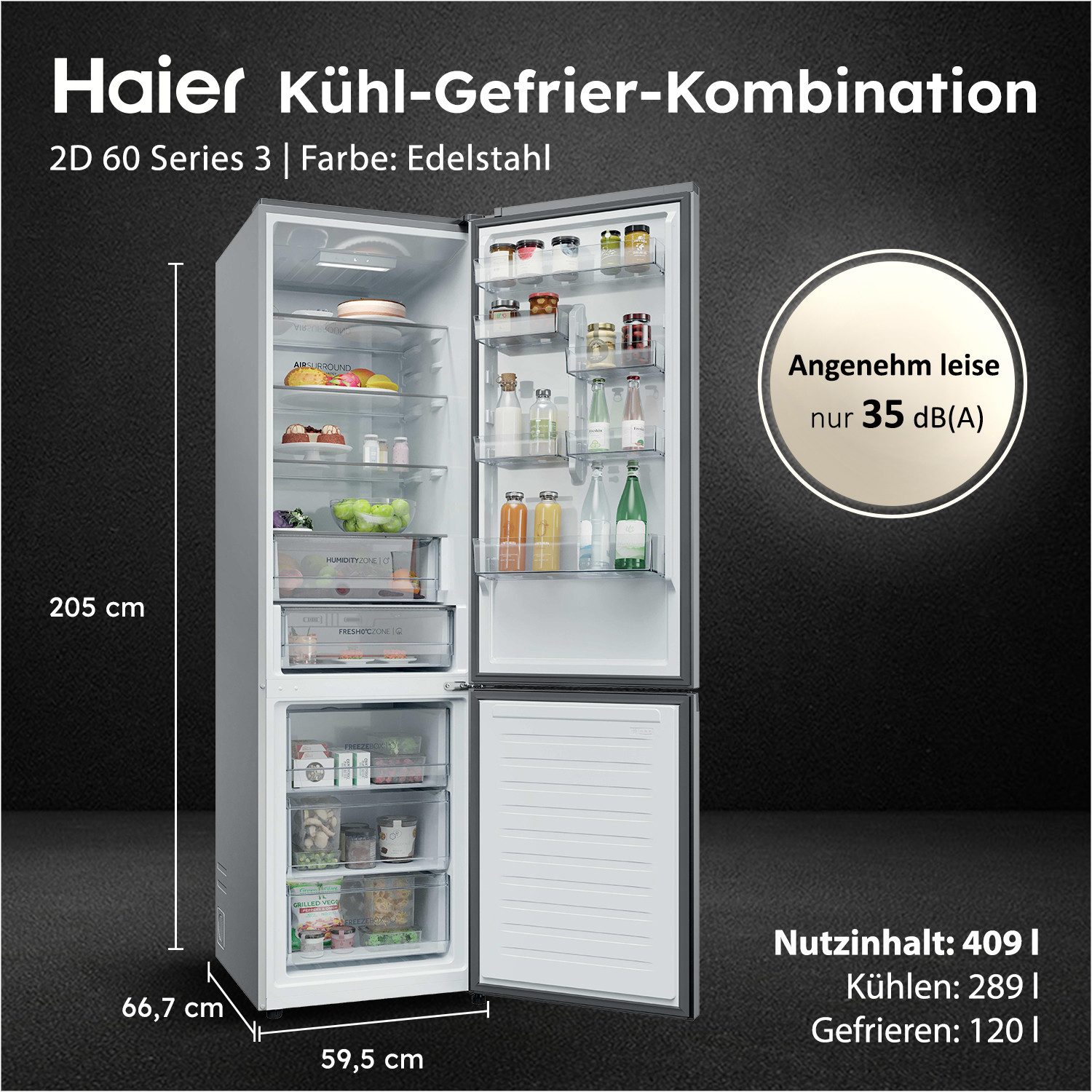 Haier Kühl-/Gefrierkombination Combi 2D 60 HDPR1620ANPK, 205 cm hoch, 59,5 cm breit, Energieeffizienzklasse A (Skala A bis G)