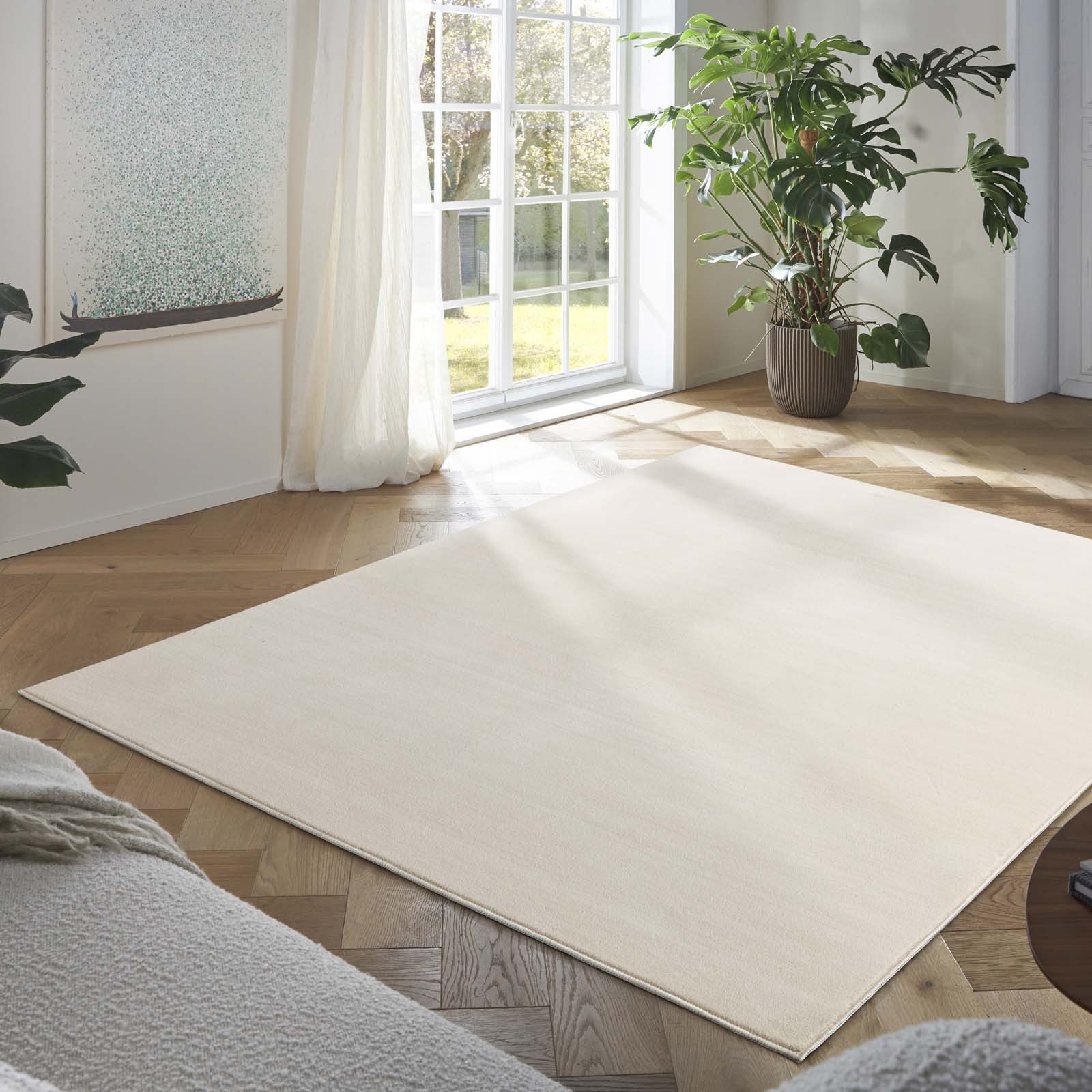 TaraCarpet Teppich Madrid Uni Kurzflor-Teppich, New Creme/weiß, Gr. quadratisch