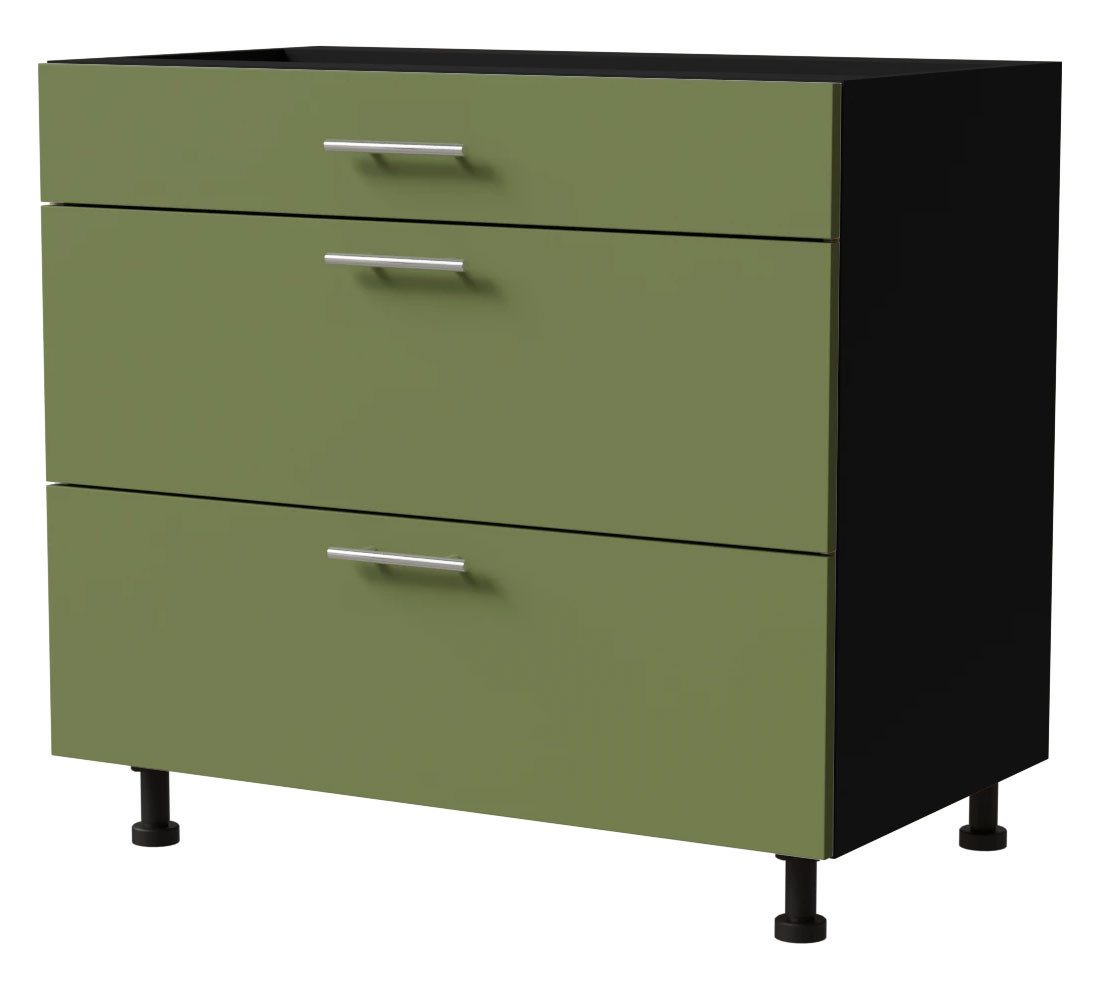 Feldmann-Wohnen Auszugsunterschrank Brerra (D3M/90, 3 Schubladen, Blum Metabox Teilauszug, 1-St., moderne Optik, lackierte Fronten, 90x50x82cm) schwarz / RAL 6025 farngrün matt