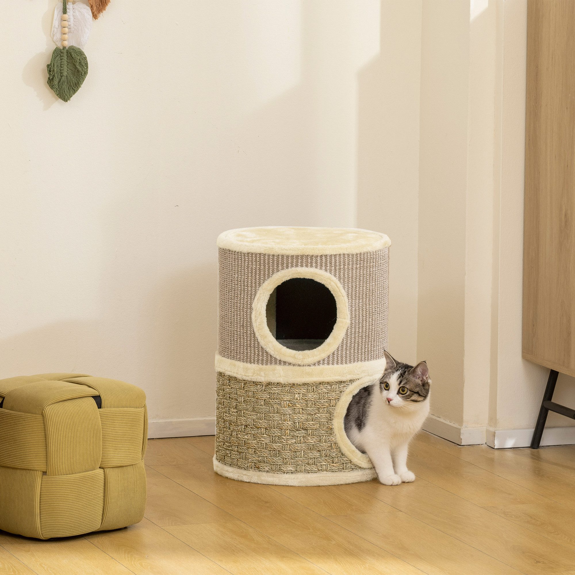 PawHut Kratztonne mit Plüschrand, Kratzmatte, 2 Höhle, (35,5 cm zweistöckige Katzentonne, 1-tlg., 49 cm hoch Kratzbaum), aus Sisal, für Katzen unter 4 kg, Khaki+Kaffee