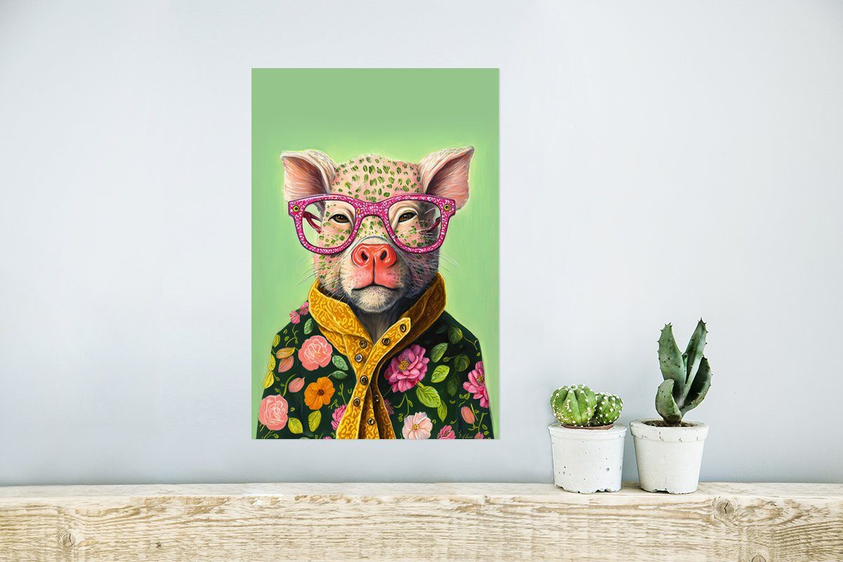 St), Poster, Tier, Wohnzimmer, Schwein Rosa - - Blumen (1 MuchoWow Wandposter - für Rahmen Brille Ohne - Wandbild, Poster