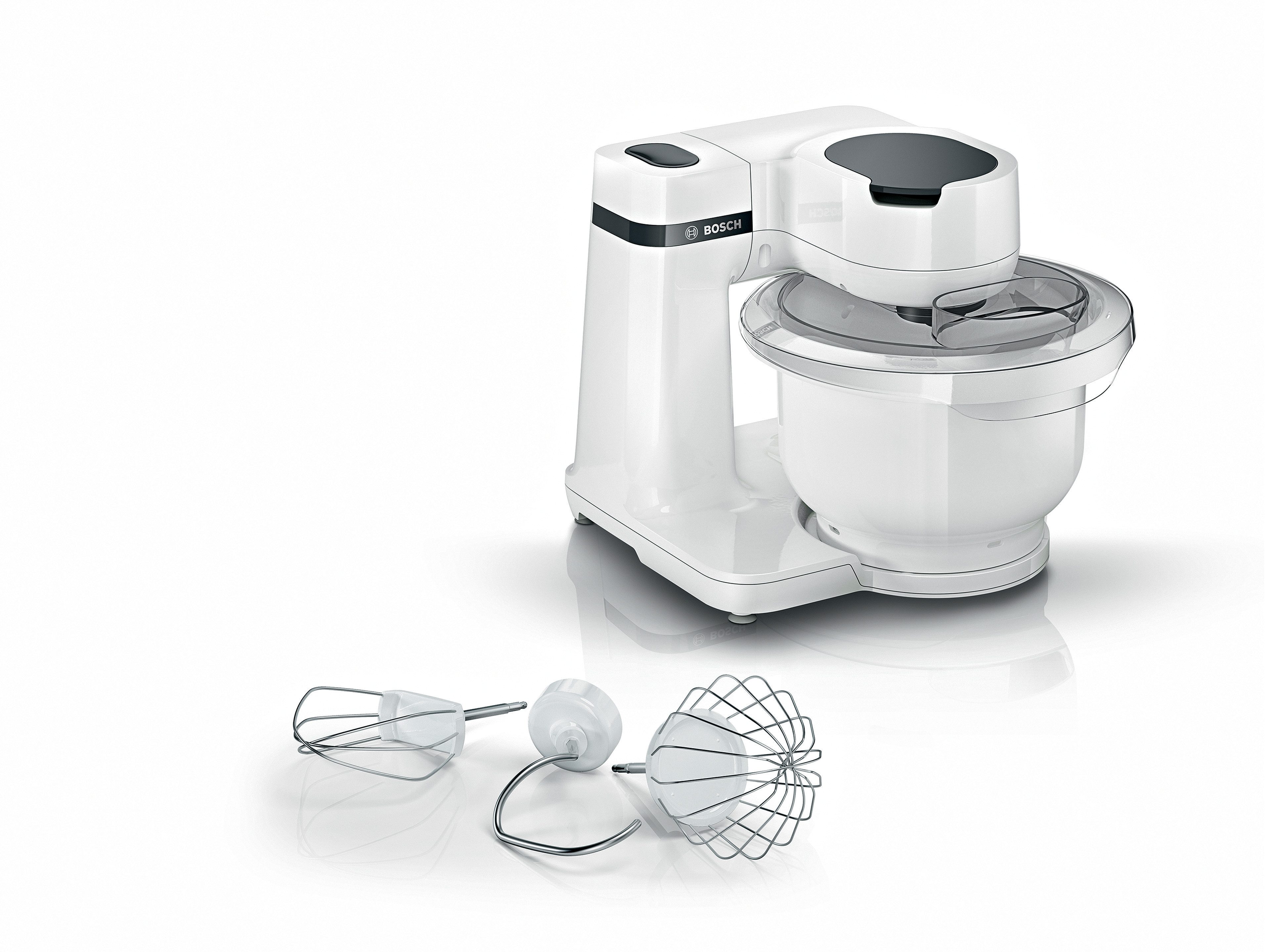 BOSCH Küchenmaschine Serie 2 MUMS2AW00, Kunstoffschüssel, weiß, 700 W, 3,8 l Schüssel, Planetenrührwerk, Knethaken/Schlag-/Rührbesen Edelstahl, 4 Stufen