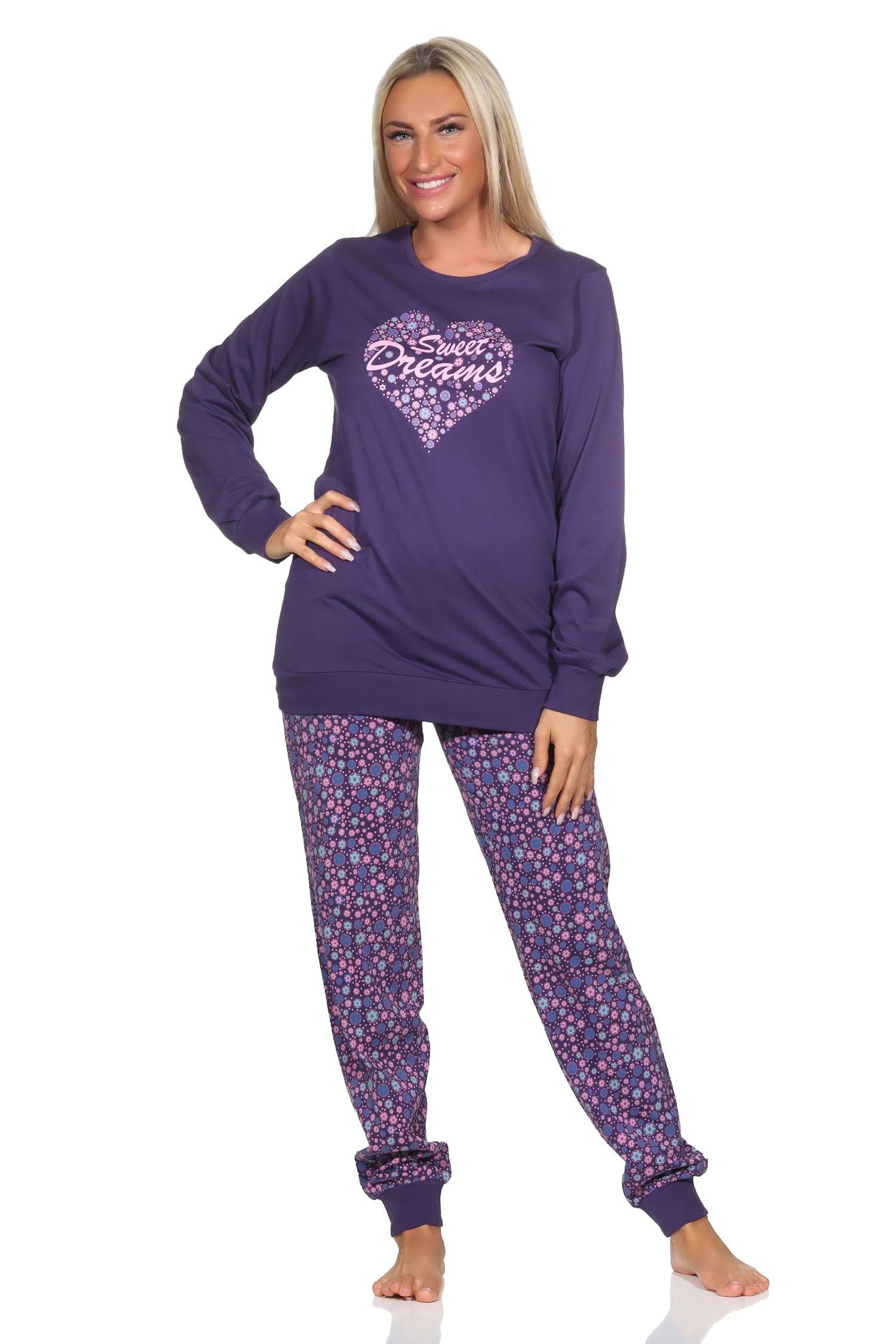 Normann Pyjama Damen Schlafanzug langarm mit Bündchen in Sterne Optik lila