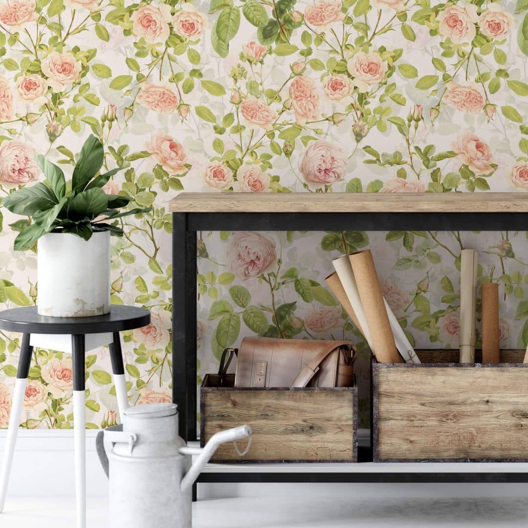 K&L Wall Art Mustertapete Floral Pastell Wandschutz Pfingstrosen Vintage Vliestapete Rosen, Petunien Tapete
