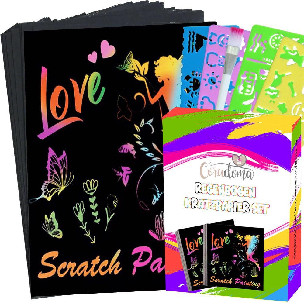 Coradoma Malvorlage Regenbogen Kratzpapier Set 50 Bögen zum Zeichnen Magic Kratzbilder, Scratch Art Book mit 5 Holzstiften & 4 Schablonen
