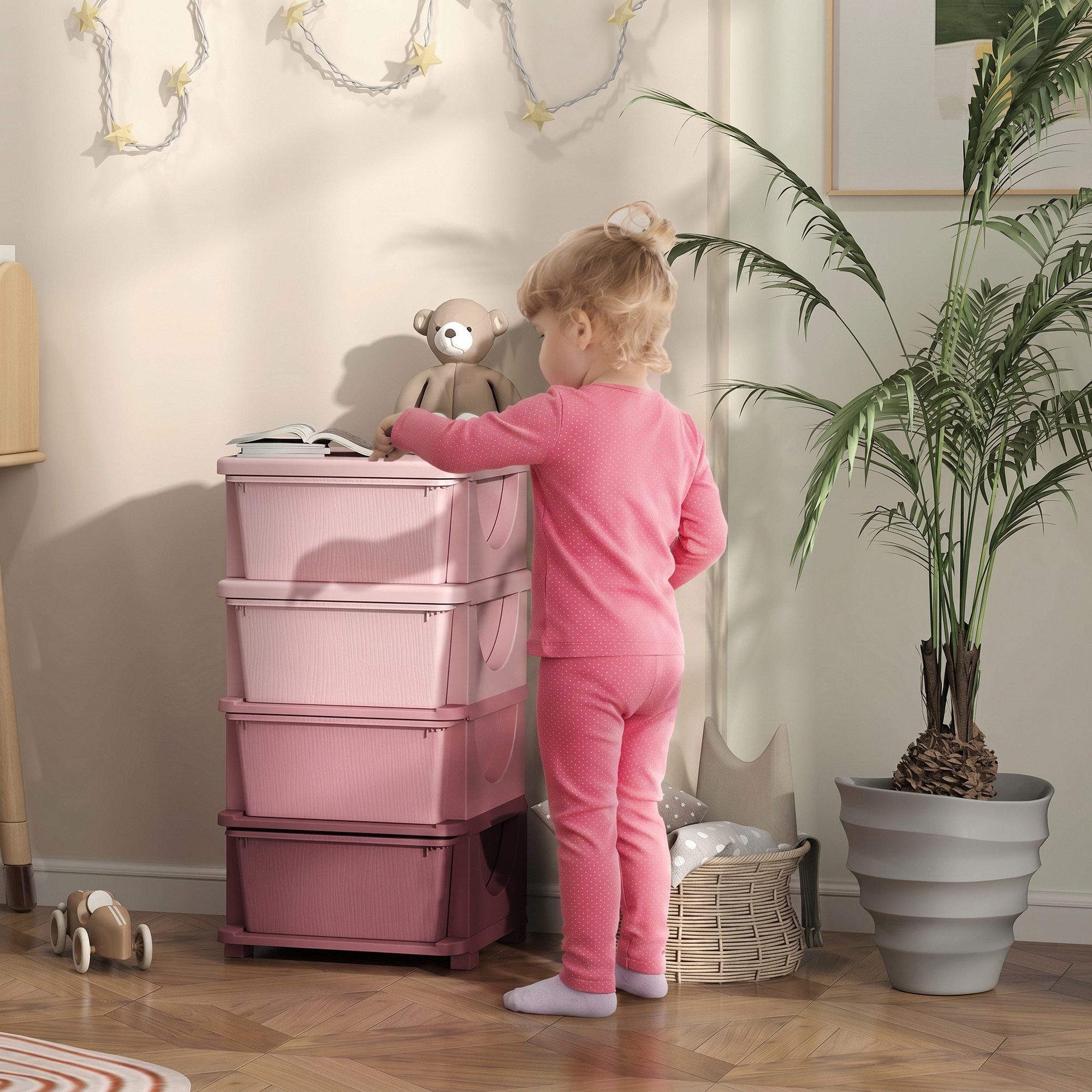 HOMCOM Spielzeugtruhe Schubladenschrank mit Stauraum, Spielzeugkiste, drei Ebenen (Spielzeugkiste, 1 St., Spielzeug-Organizer), für Kinderzimmer 3-6 Jahre Kindermöbel Rosa 37 x 37 x 76 cm