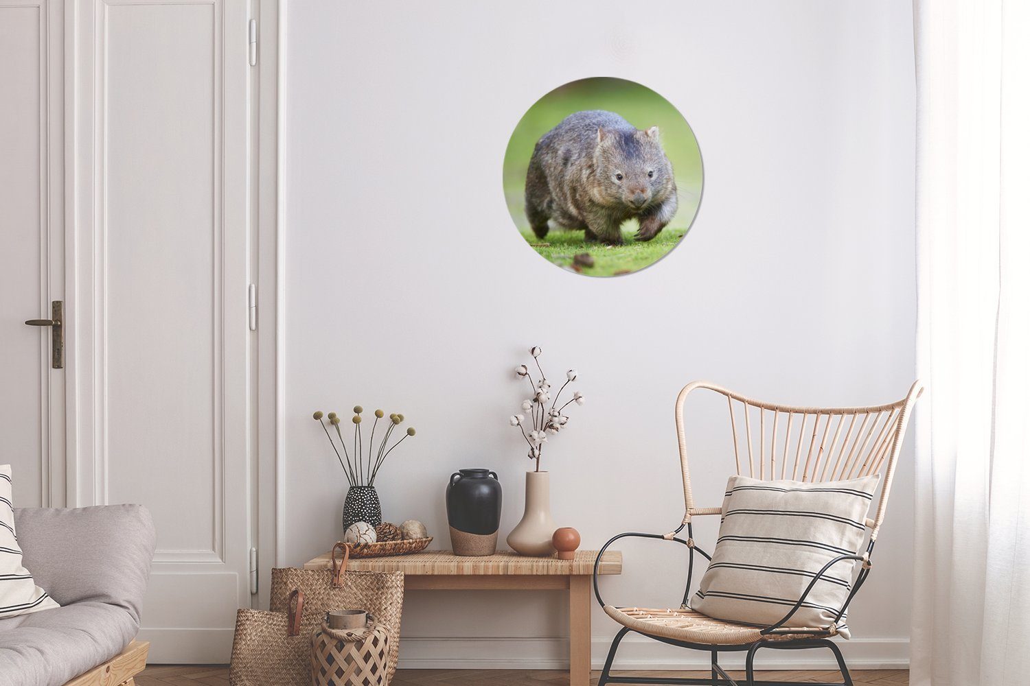 MuchoWow Gemälde Ein Wombat Wiese, (1 cm einer Wandbild, Rundes spielt 30x30 auf Forex, St), Wohnzimmer, Kreis Wanddekoration