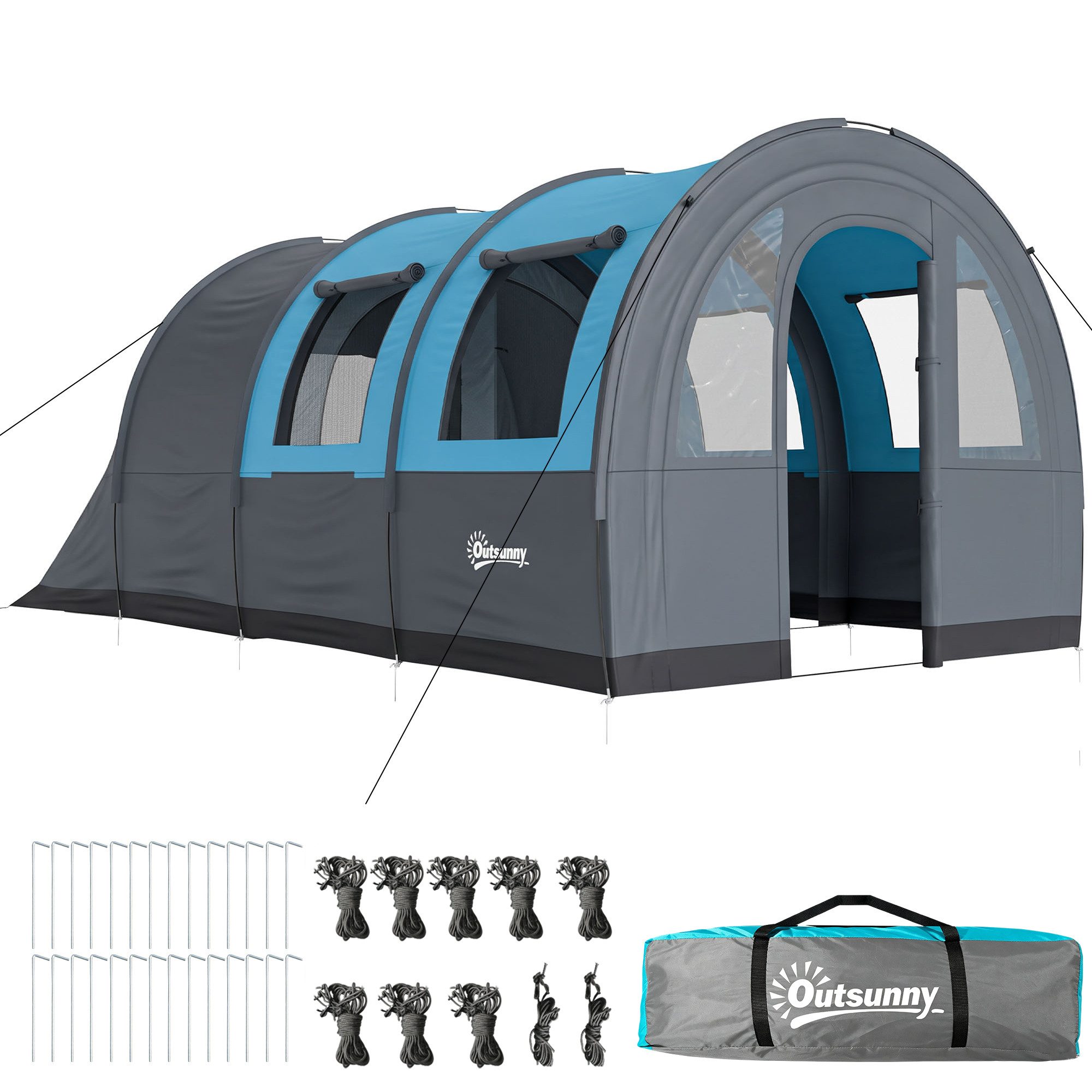 Outsunny Tunnelzelt Familienzelt mit 2 Räumen, Lichthaken, Tragetasche, Personen: 3 (3000mm wasserabweisend Campingzelt, 1 tlg., Gruppenzelt für 3 Personen), für Garten, Campingplatz, Grau