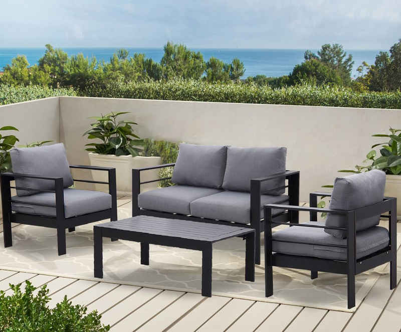 MeXo Gartenlounge-Set Aluminium Gartenmöbel Set, (Balkonmöbel, 4-tlg., Sitzgruppe mit 2-Sitzer-Sofa, 2 Sessel, Tisch), Terrassenmöbel Set Lounge für 4 Personen