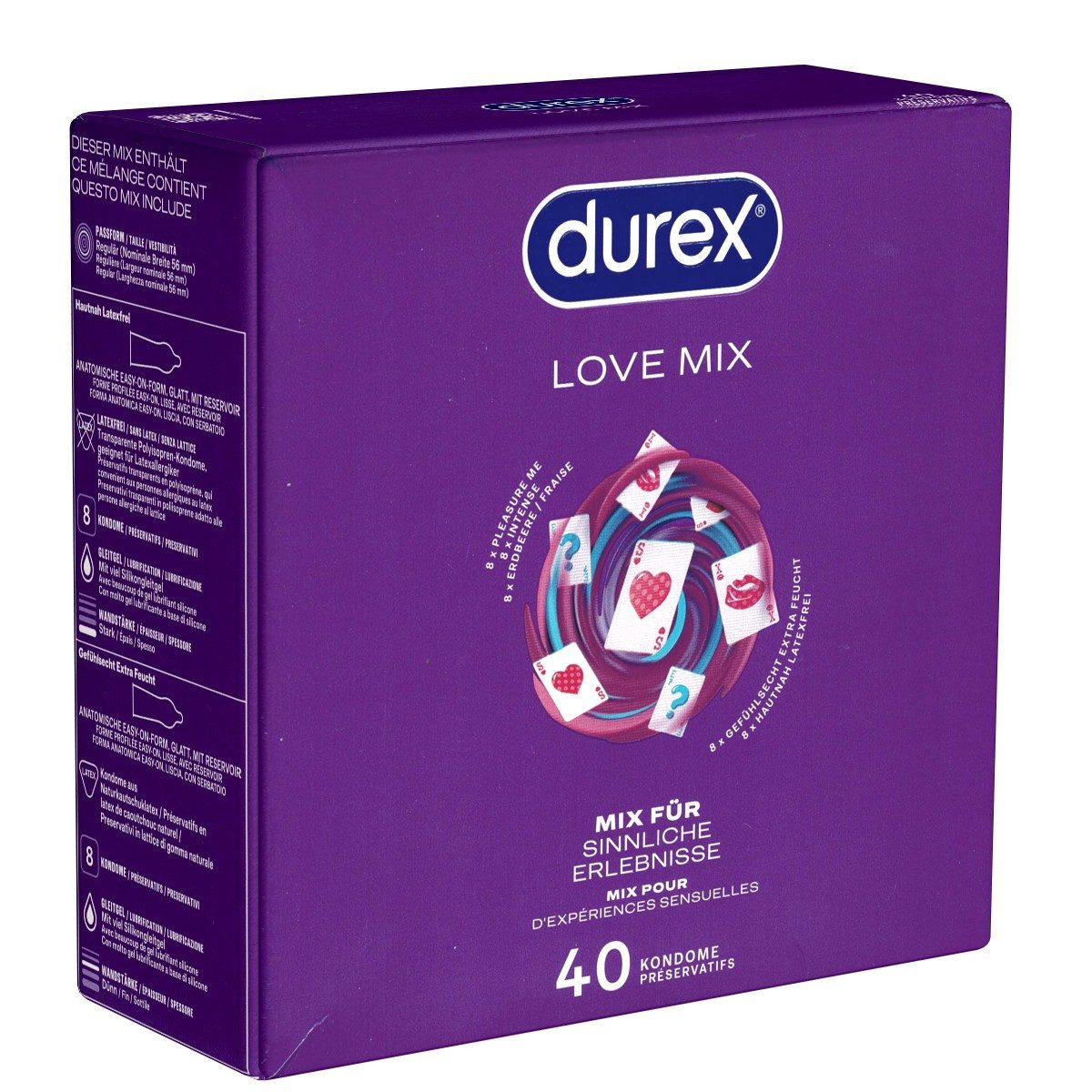 durex Kondome Love Mix Packung mit, 40 St., Markenkondome im Mix für überraschende Abwechslung