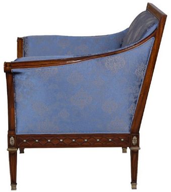 Casa Padrino Sessel Luxus Jugendstil Sessel Blau / Braun / Antik Messingfarben 112 x 89 x H. 100 cm - Edler Mahagoni Wohnzimmer Sessel mit elegantem Damastmuster - Barock & Jugendstil Wohnzimmer Möbel