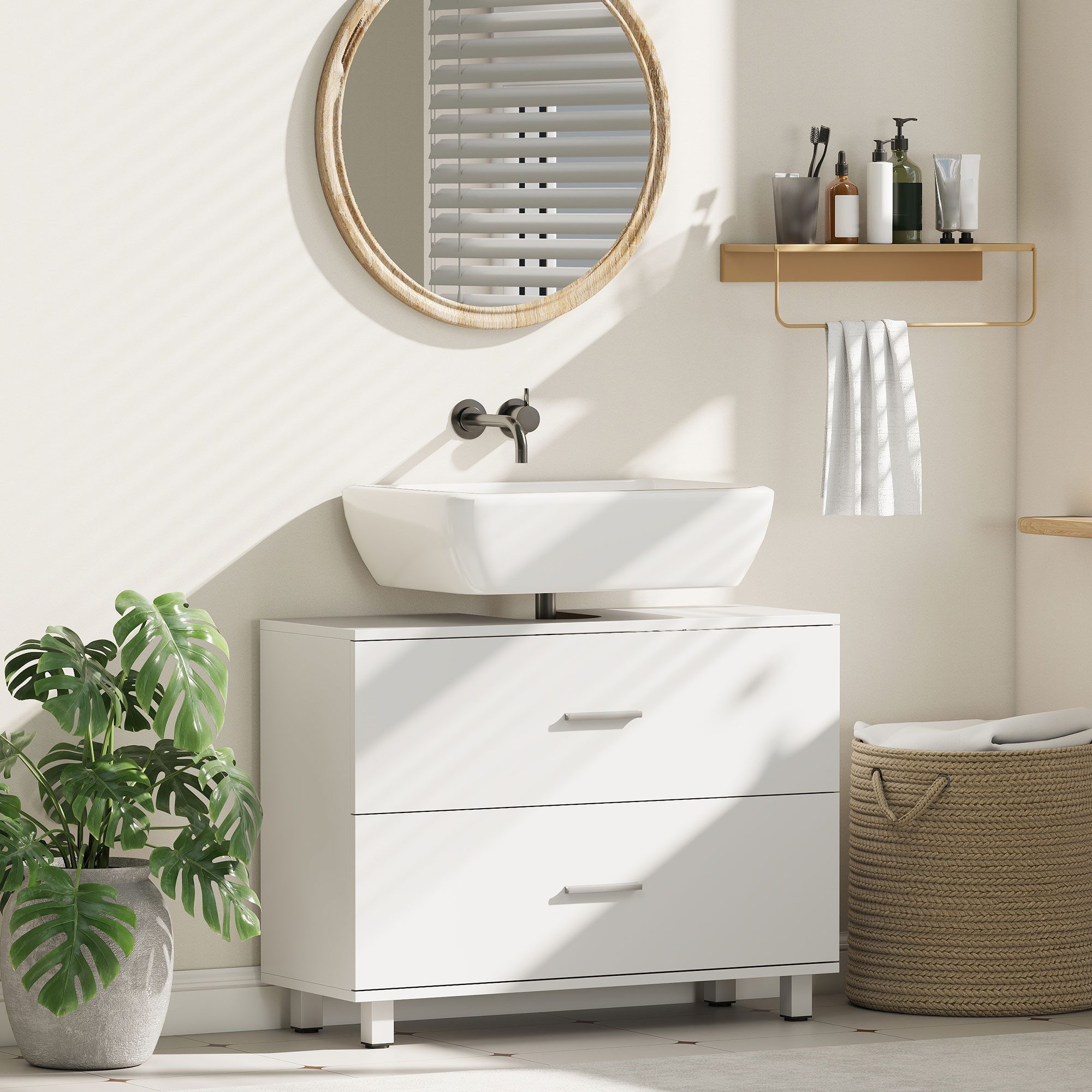 HOMCOM Waschbeckenunterschrank Badezimmer Schrank mit 2 Schubladen, geteilte obere Schublade (Badezimmer Unterschrank, 1-St., Waschtischunterschrank) Weiß 80 x 30 x 60 cm
